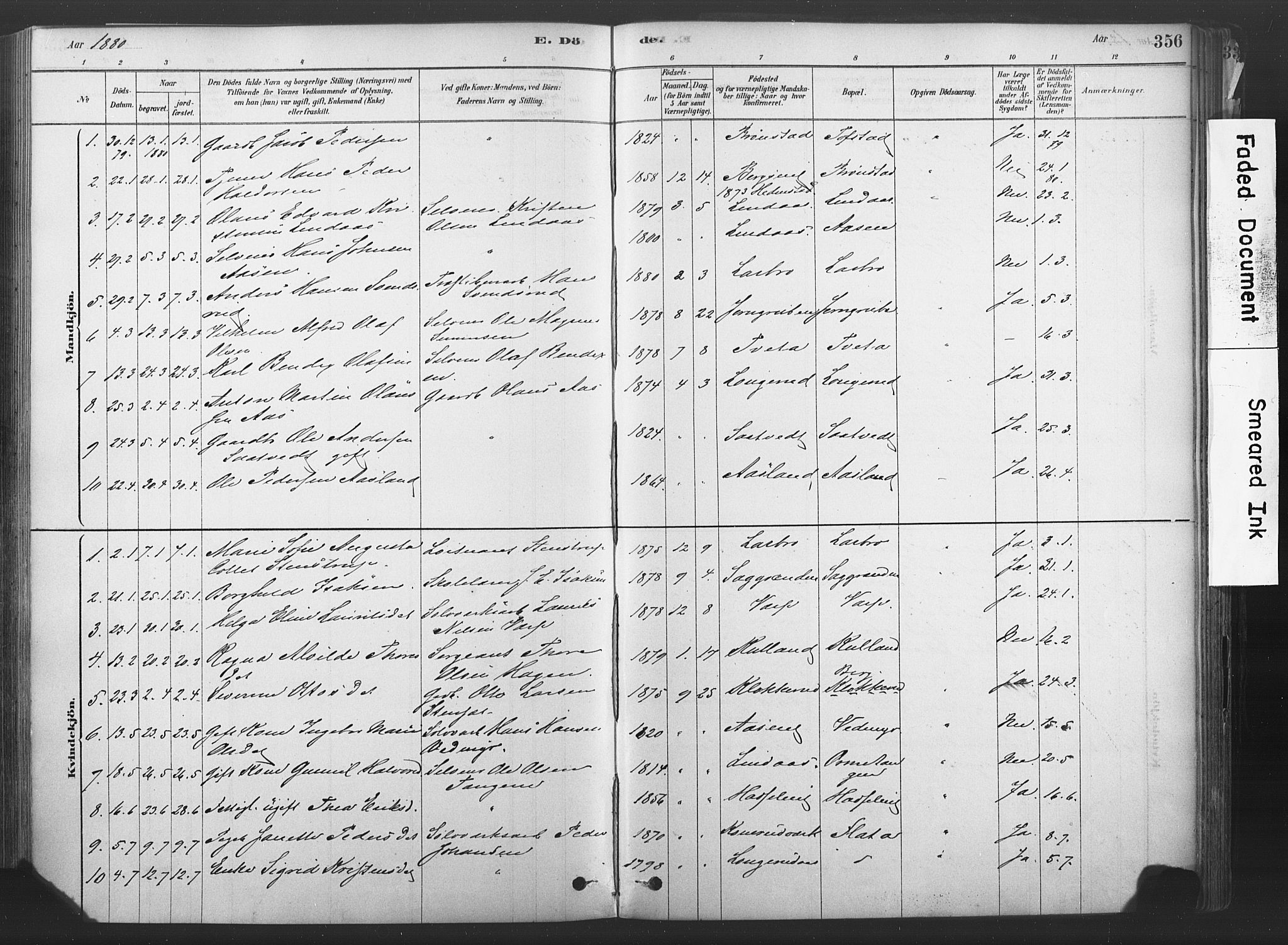 Sandsvær kirkebøker, AV/SAKO-A-244/F/Fd/L0001: Parish register (official) no. IV 1, 1878-1906, p. 356