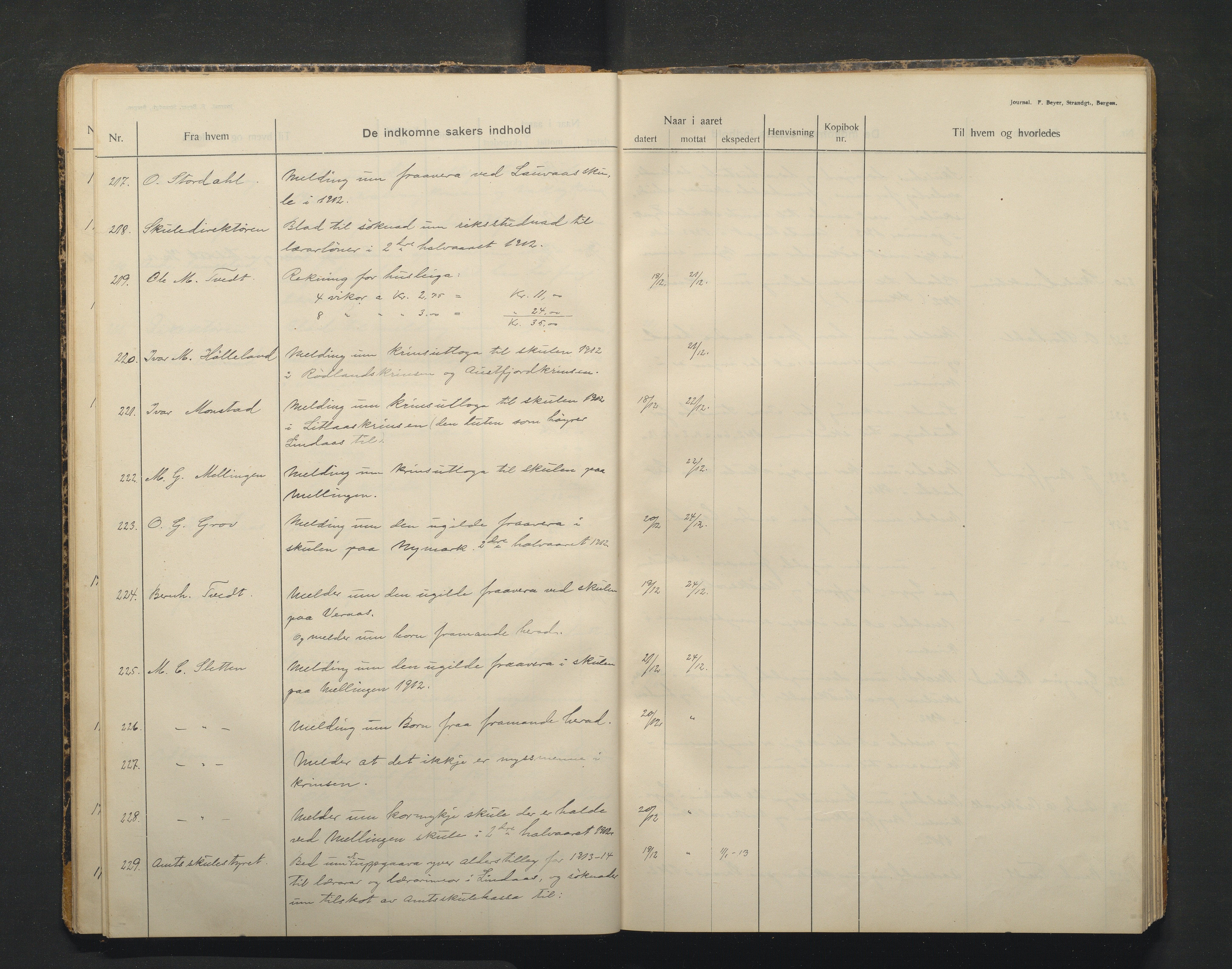 Lindås kommune. Skulestyret, IKAH/1263-211/C/Ca/L0005: Postjournal for Lindås skulestyre, 1912-1918