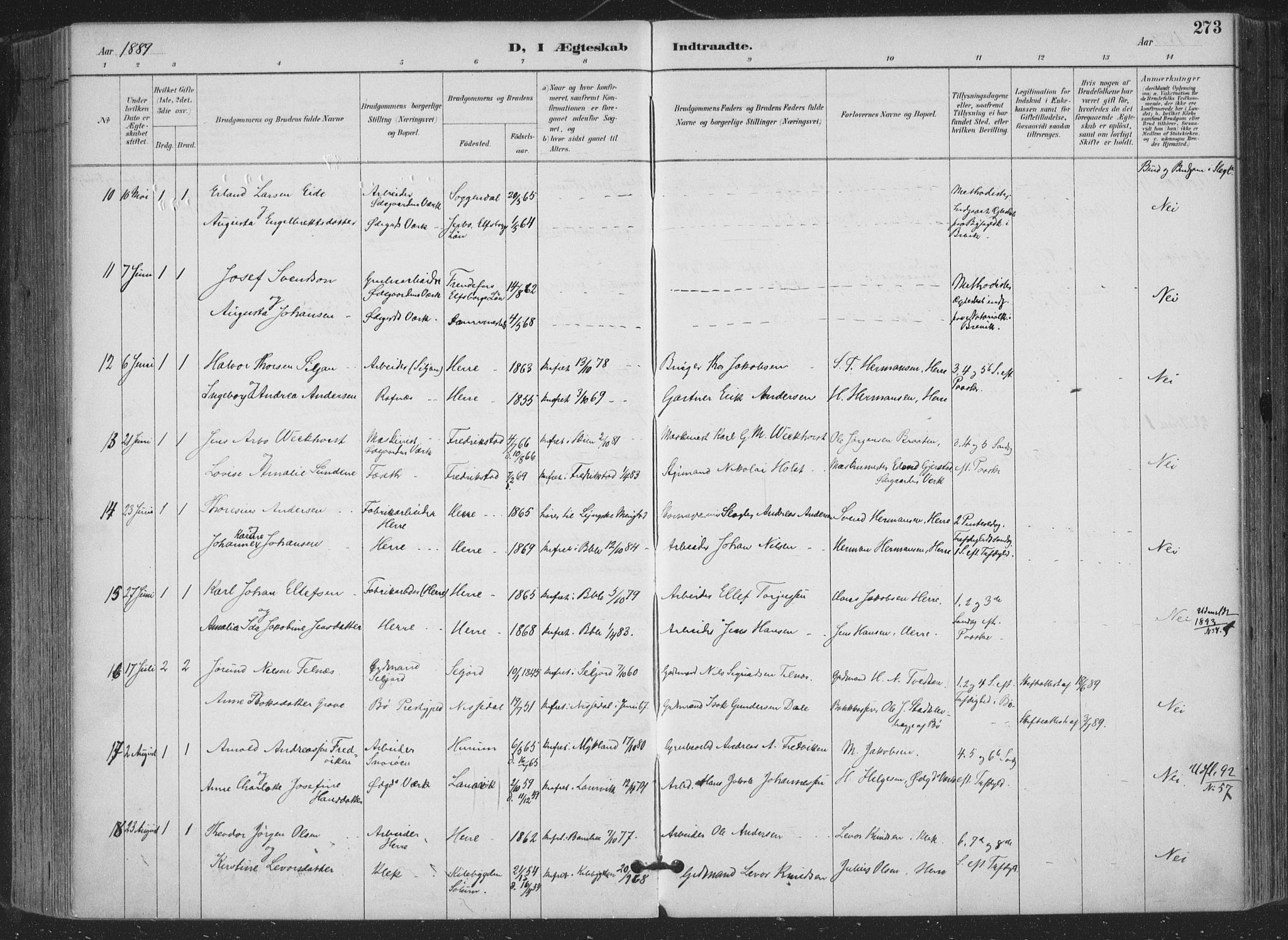 Bamble kirkebøker, AV/SAKO-A-253/F/Fa/L0008: Parish register (official) no. I 8, 1888-1900, p. 273