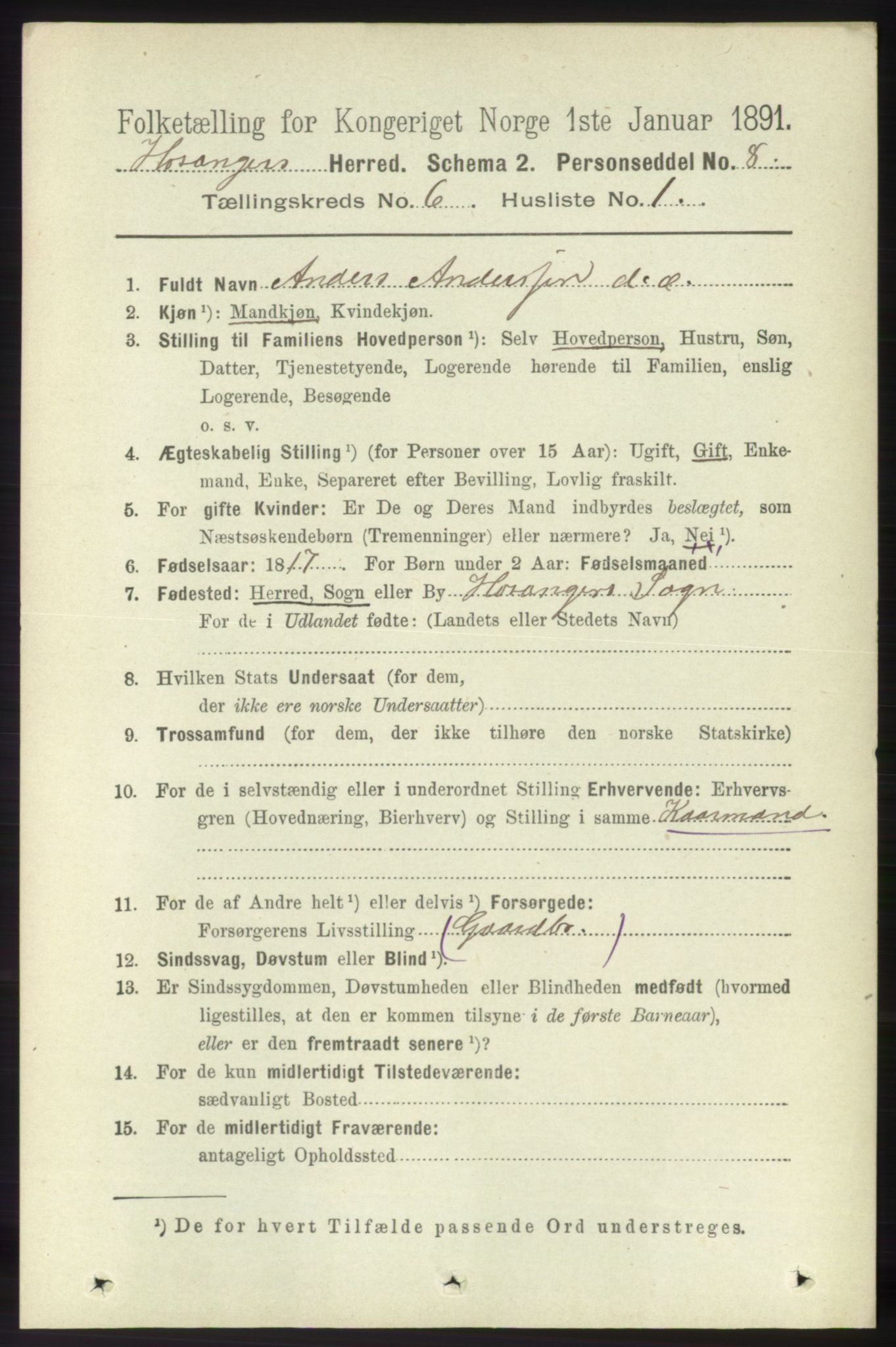 RA, 1891 census for 1253 Hosanger, 1891, p. 2145