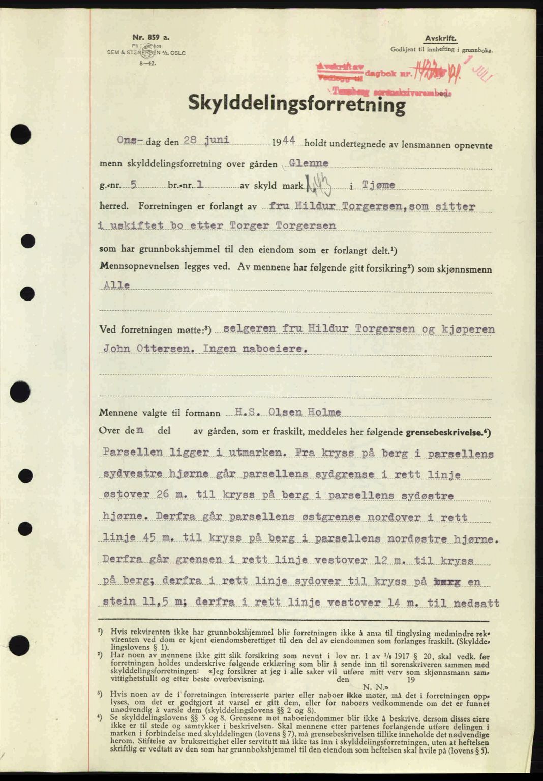 Tønsberg sorenskriveri, AV/SAKO-A-130/G/Ga/Gaa/L0015: Mortgage book no. A15, 1944-1944, Diary no: : 1423/1944