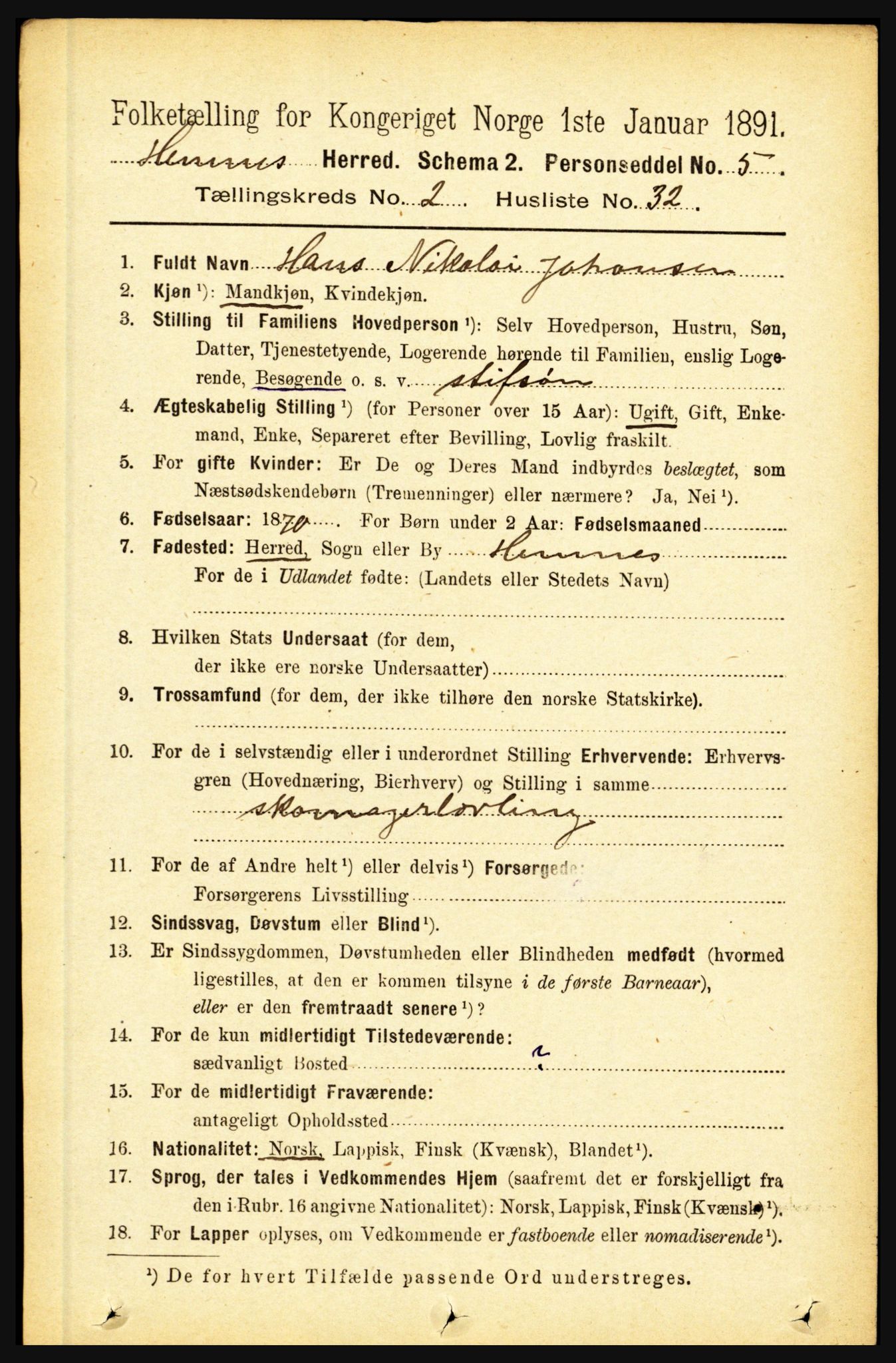 RA, 1891 census for 1832 Hemnes, 1891, p. 1464