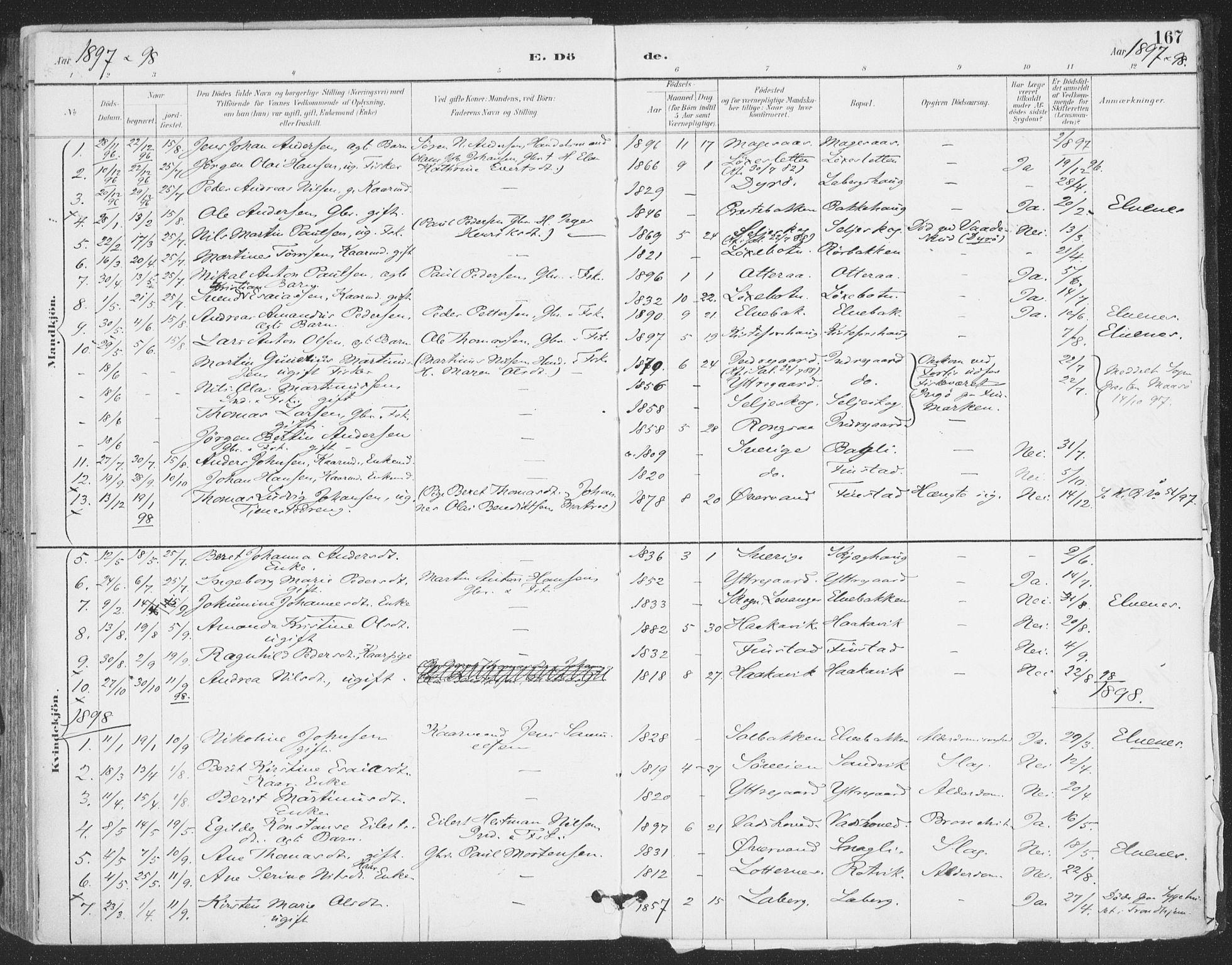 Ibestad sokneprestembete, AV/SATØ-S-0077/H/Ha/Haa/L0015kirke: Parish register (official) no. 15, 1888-1899, p. 167