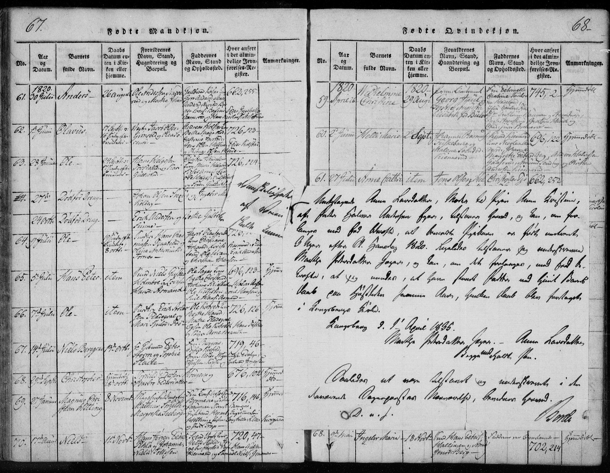 Kongsberg kirkebøker, SAKO/A-22/F/Fa/L0008: Parish register (official) no. I 8, 1816-1839, p. 67-68