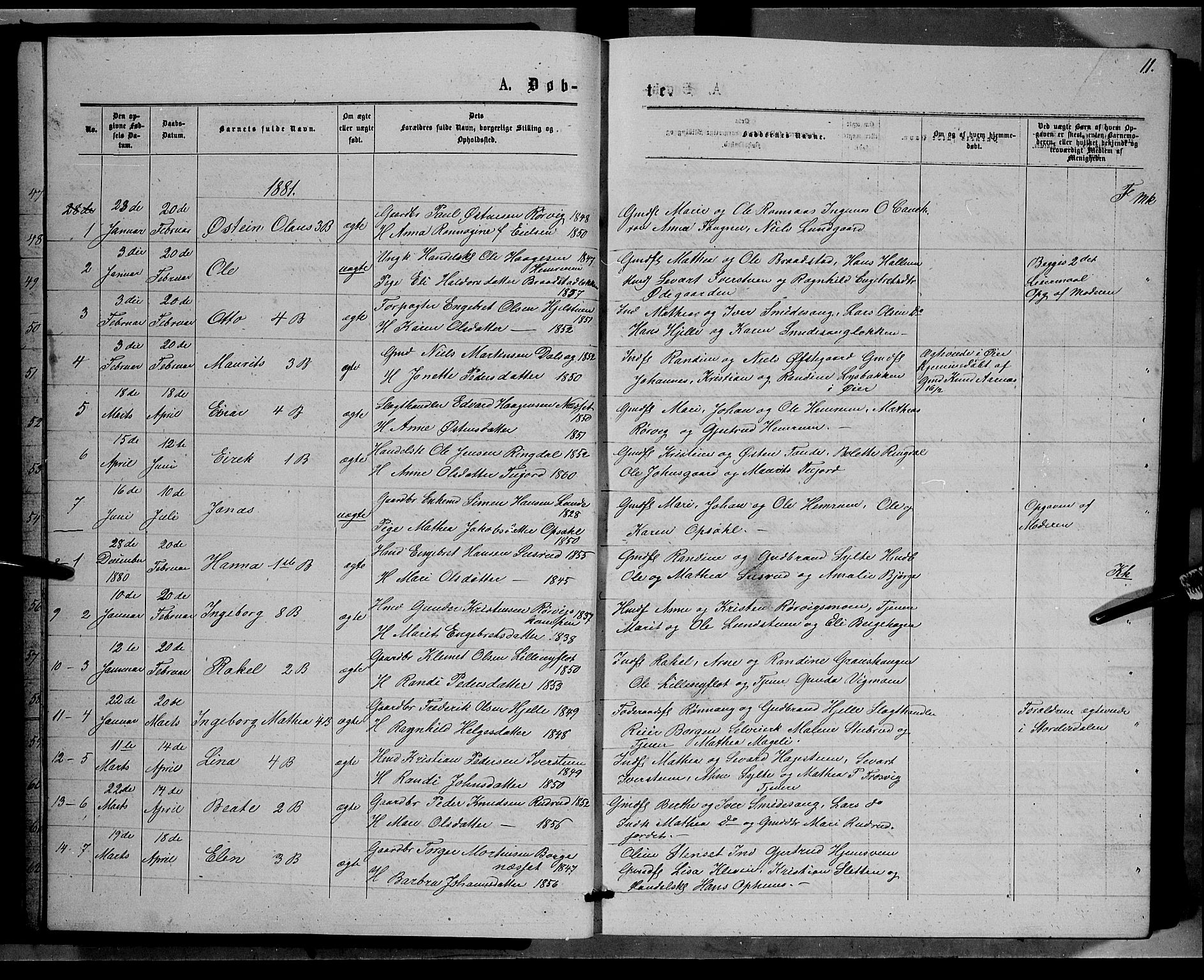 Ringebu prestekontor, SAH/PREST-082/H/Ha/Hab/L0006: Parish register (copy) no. 6, 1880-1898, p. 11