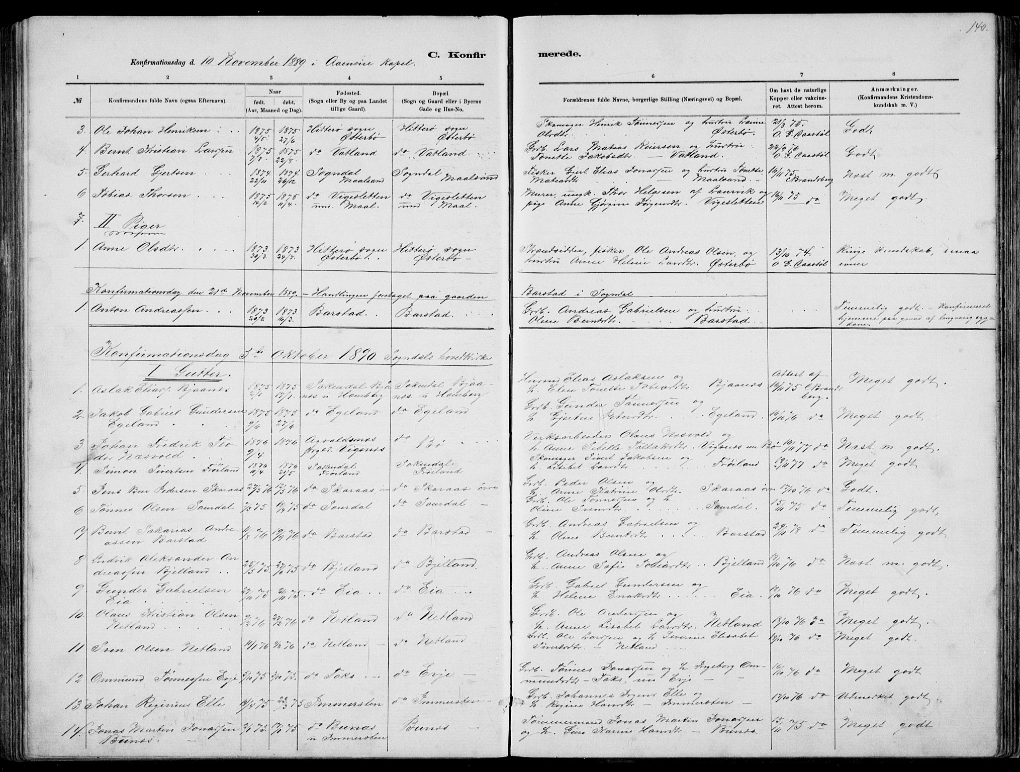 Sokndal sokneprestkontor, AV/SAST-A-101808: Parish register (copy) no. B 4, 1880-1891, p. 140