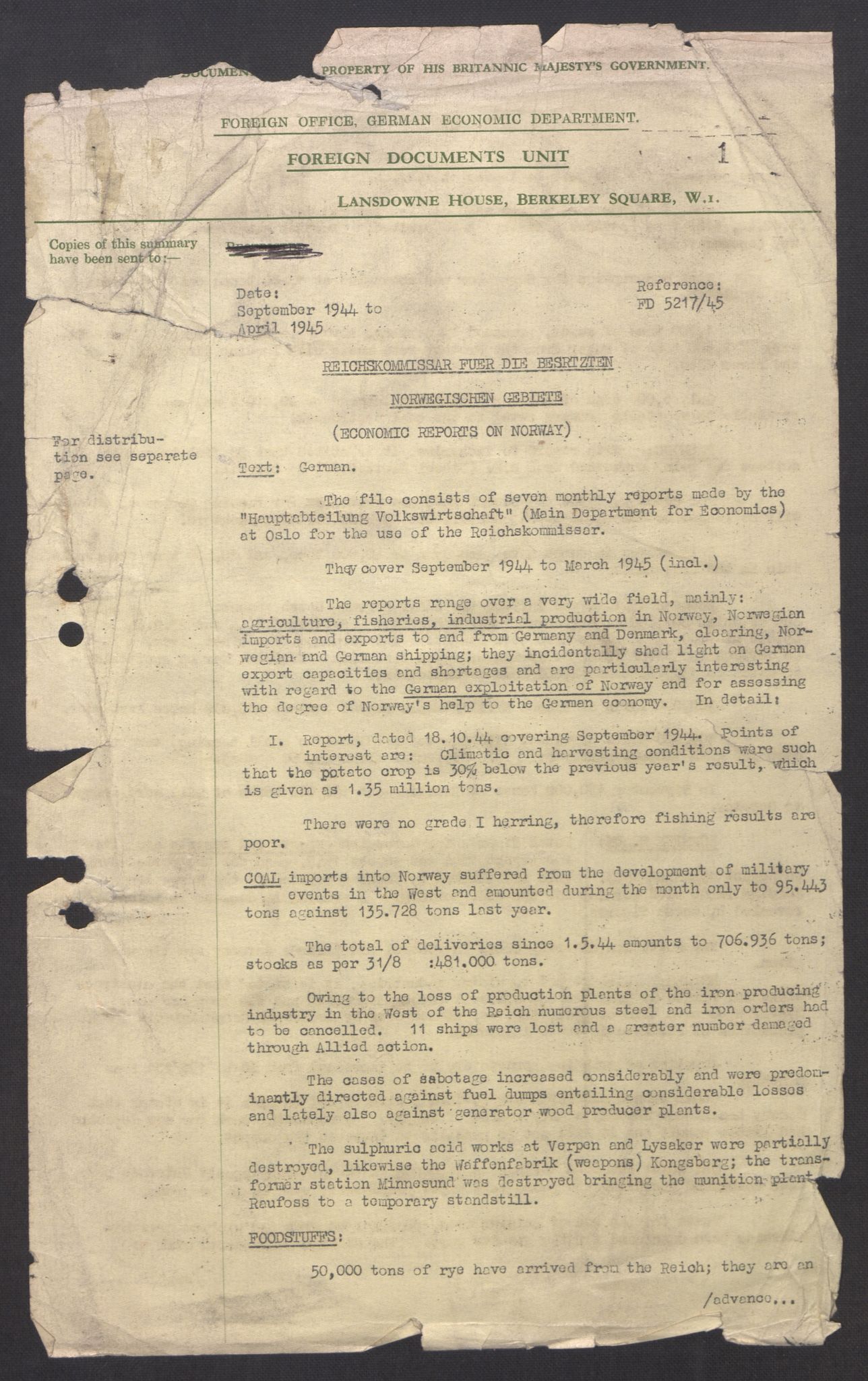 Documents Section, AV/RA-RAFA-2200/F/L0037/0003: Dokumenter returnert fra Imperial War Museum (IWM) / FD 5217/45.  Hauptabt. Volkswirtschaft:  Monatsberichte Sep. 1944 - Mär. 1945.
IWM File No. 2.  LMDC Serial No. 1112., 1944-1945