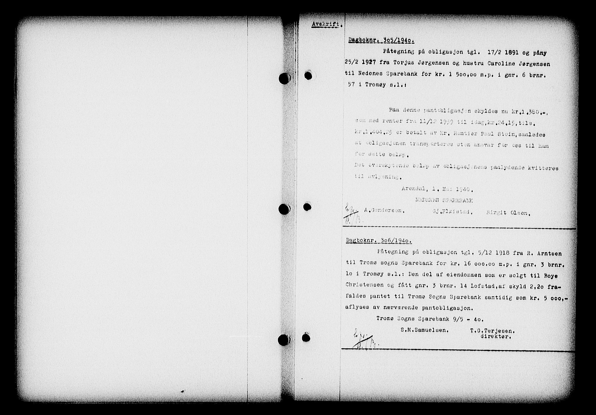 Nedenes sorenskriveri, SAK/1221-0006/G/Gb/Gba/L0047: Mortgage book no. A-I, 1939-1940, Diary no: : 305/1940