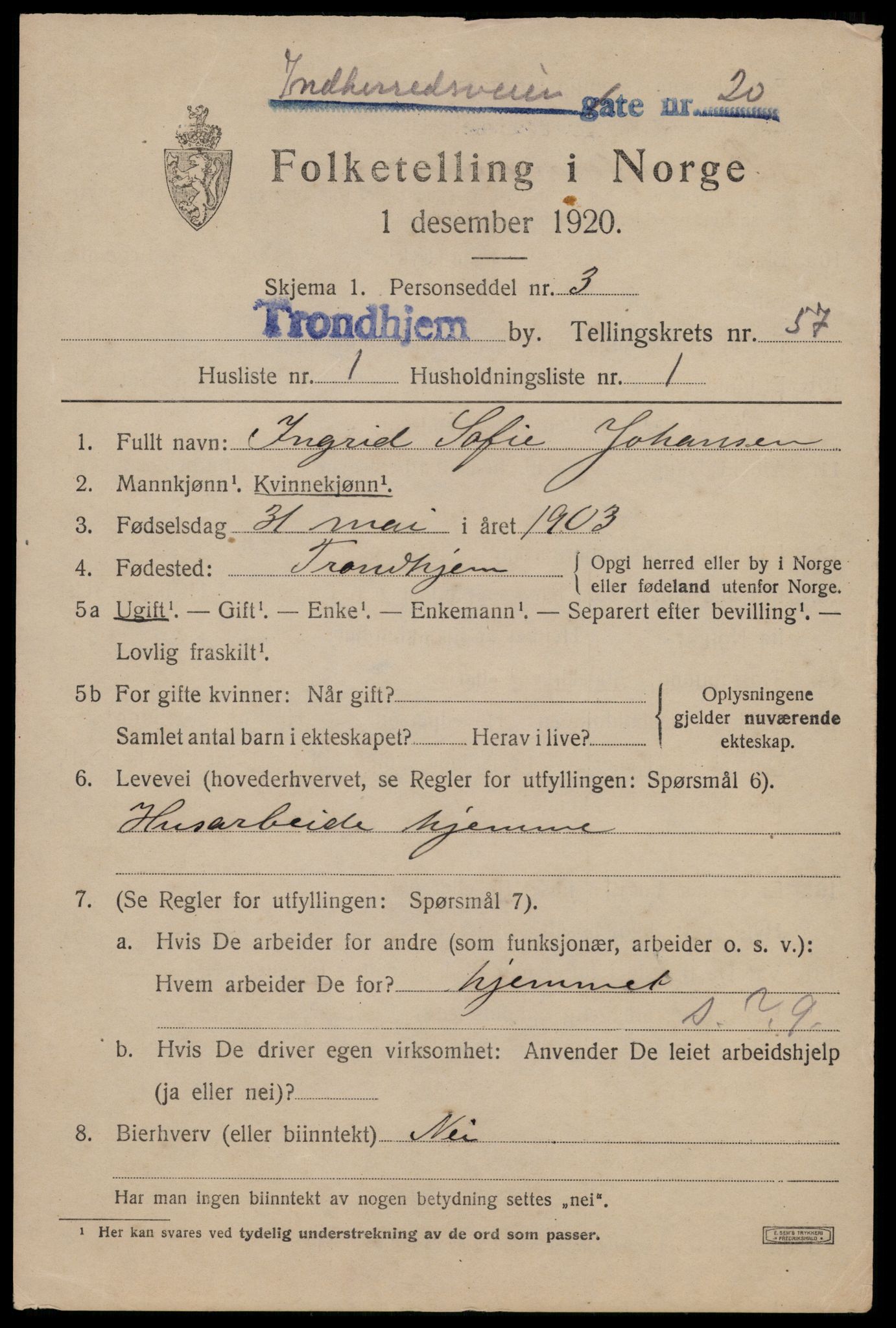 SAT, 1920 census for Trondheim, 1920, p. 115494