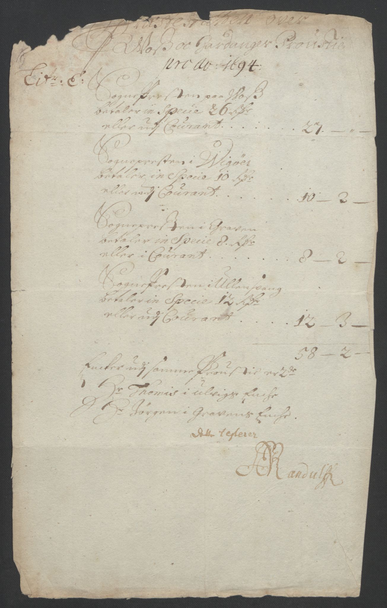 Rentekammeret inntil 1814, Reviderte regnskaper, Fogderegnskap, RA/EA-4092/R48/L2975: Fogderegnskap Sunnhordland og Hardanger, 1694, p. 320