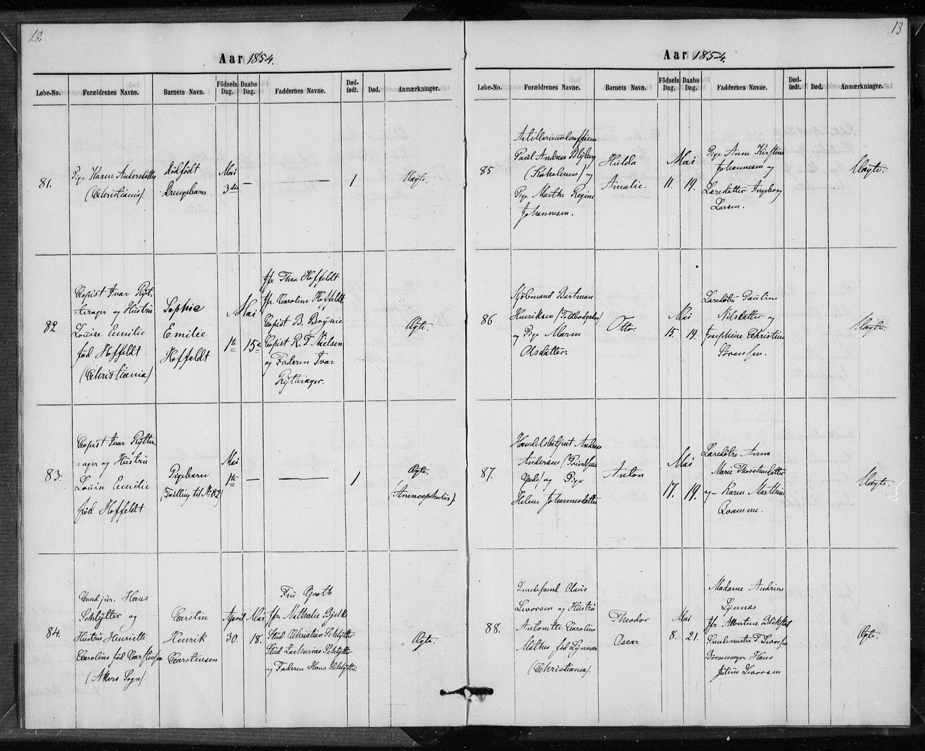 Rikshospitalet prestekontor Kirkebøker, AV/SAO-A-10309b/K/L0002/0001: Baptism register no. 2.1, 1854-1860, p. 12-13