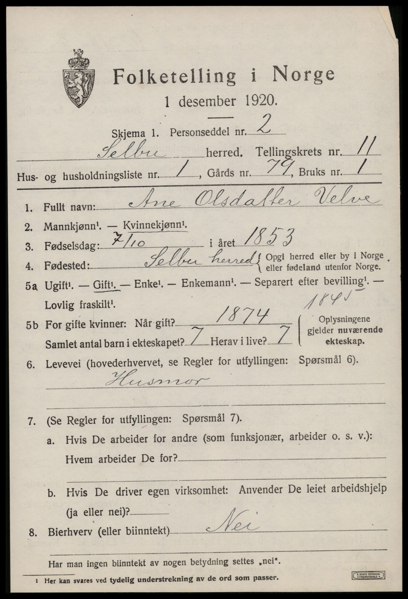 SAT, 1920 census for Selbu, 1920, p. 6184