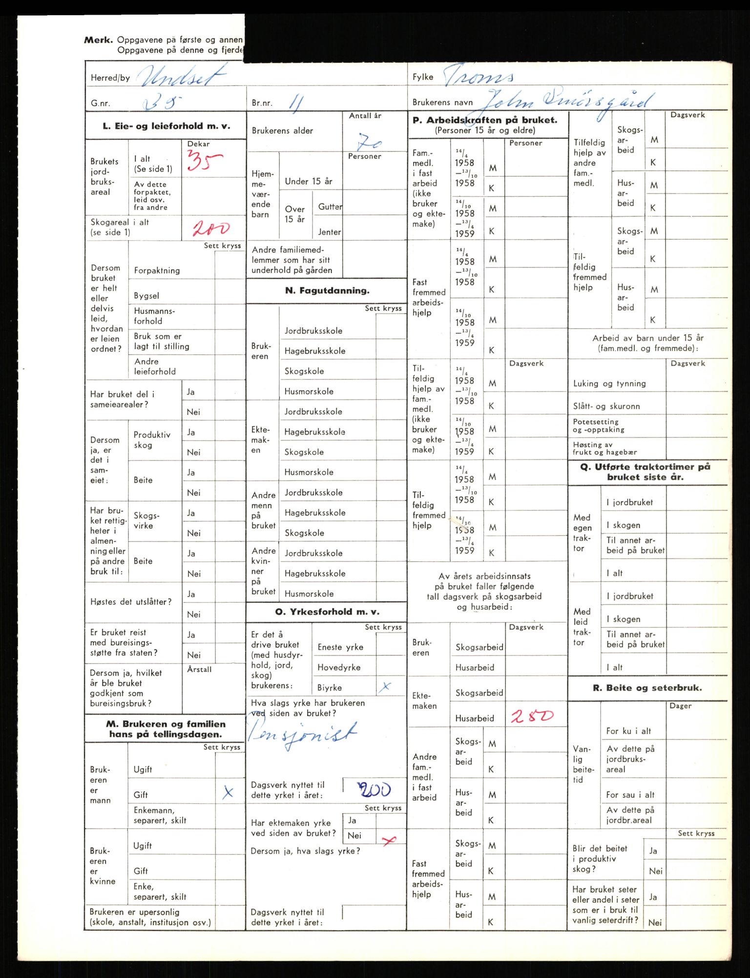 Statistisk sentralbyrå, Næringsøkonomiske emner, Jordbruk, skogbruk, jakt, fiske og fangst, AV/RA-S-2234/G/Gd/L0656: Troms: 1924 Målselv (kl. 0-3) og 1925 Sørreisa, 1959, p. 1565