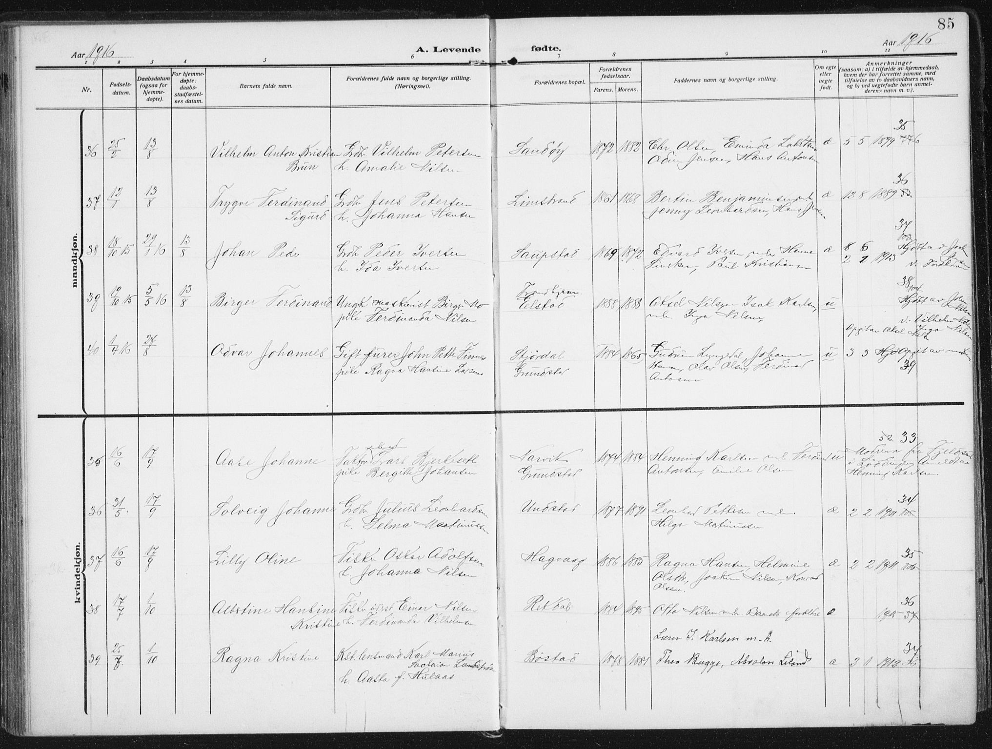 Ministerialprotokoller, klokkerbøker og fødselsregistre - Nordland, AV/SAT-A-1459/880/L1135: Parish register (official) no. 880A09, 1908-1919, p. 85