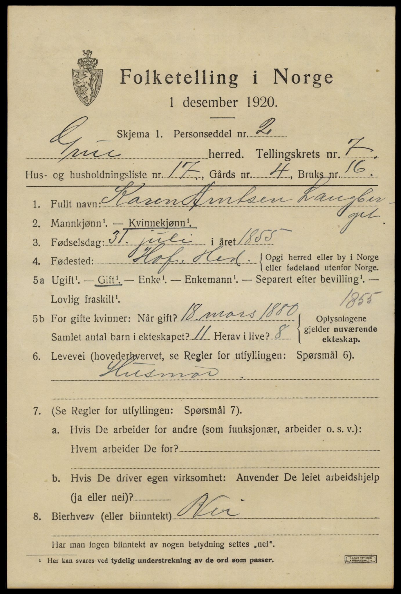 SAH, 1920 census for Grue, 1920, p. 6255