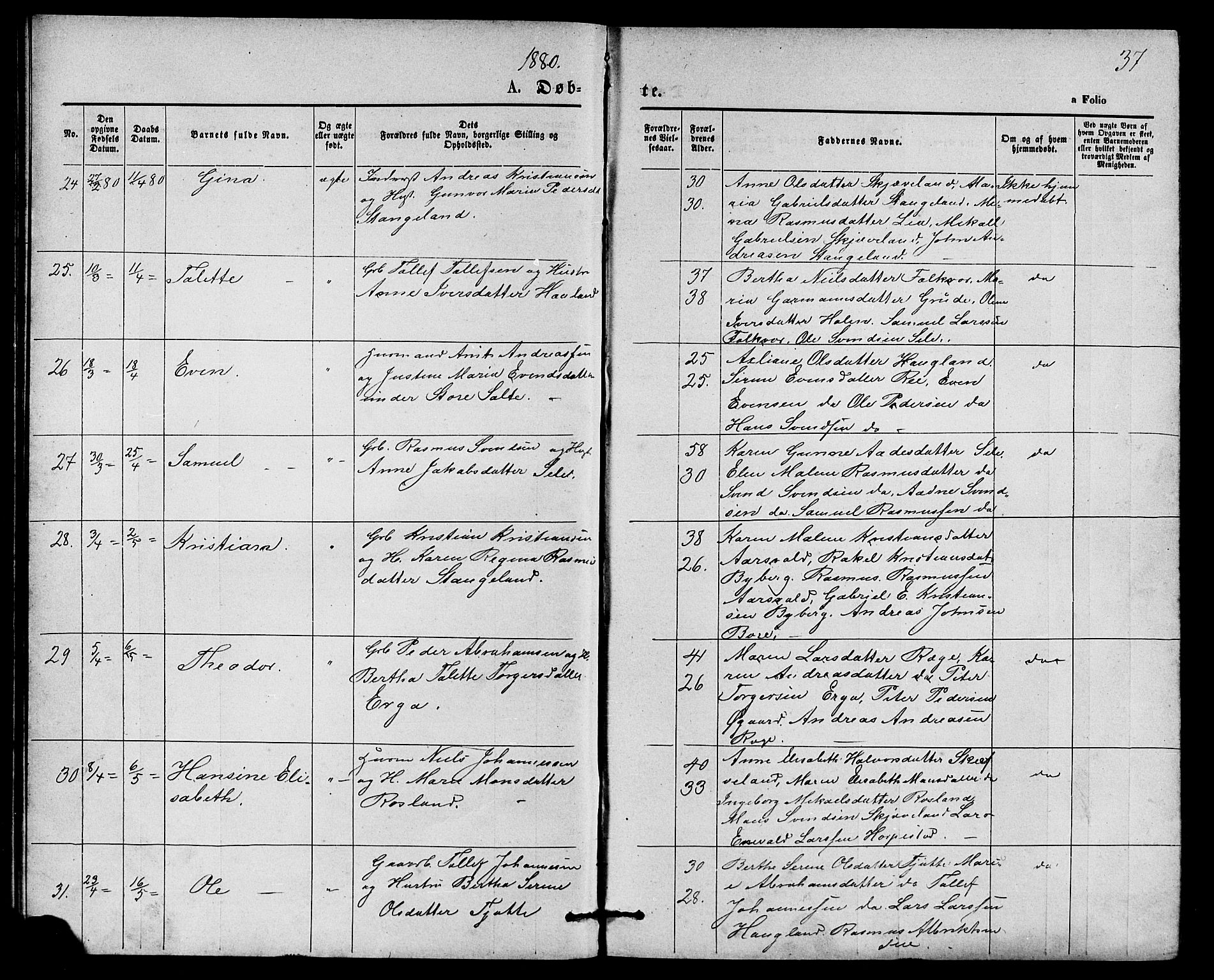 Klepp sokneprestkontor, AV/SAST-A-101803/001/3/30BB/L0003: Parish register (copy) no. B 3, 1876-1888, p. 37