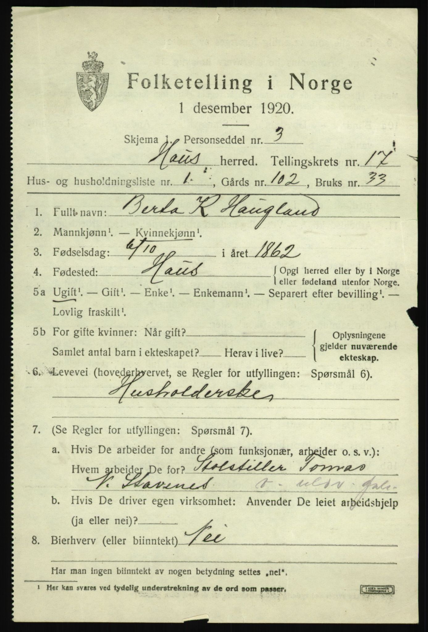 SAB, 1920 census for Haus, 1920, p. 10740