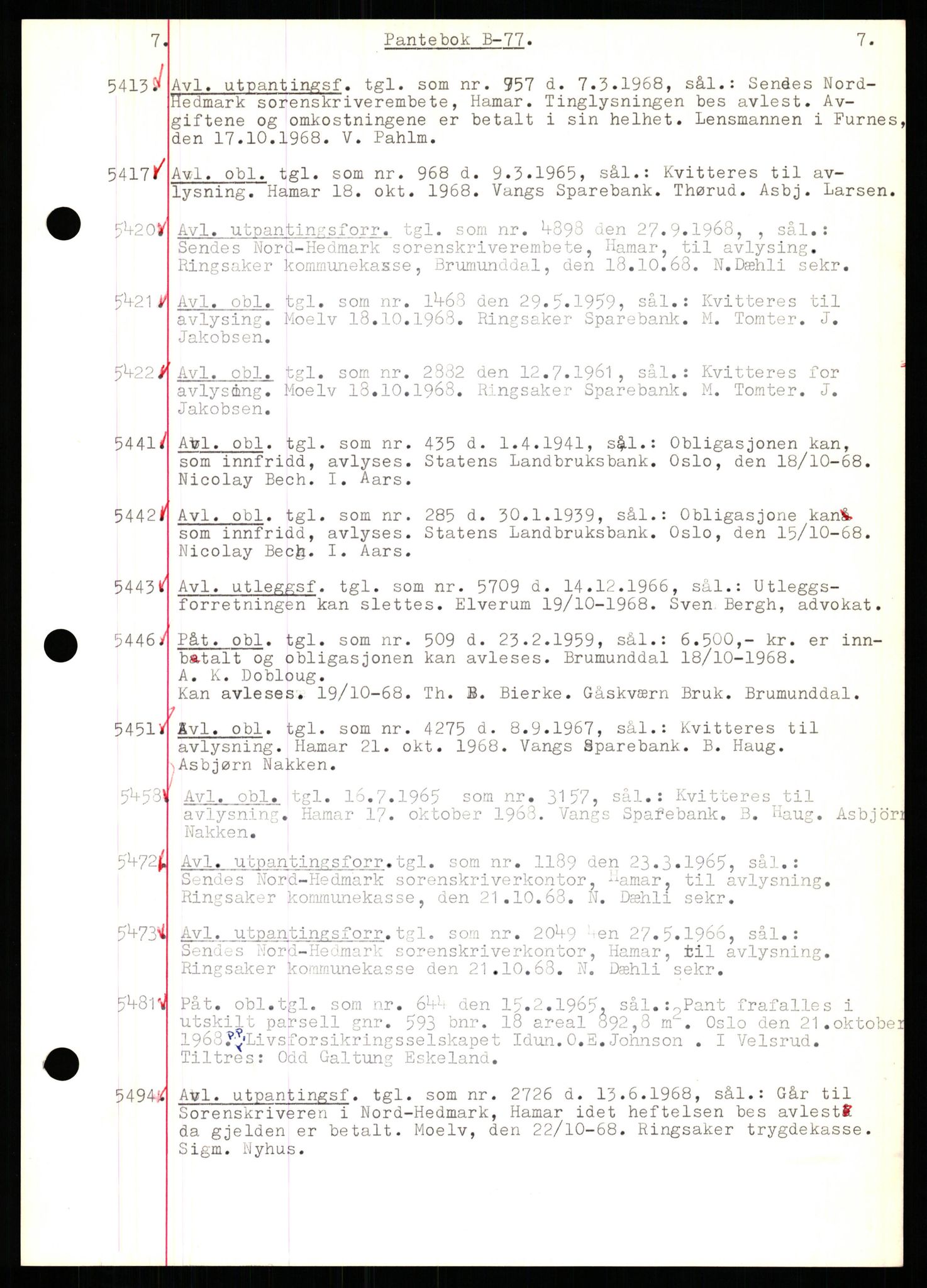Nord-Hedmark sorenskriveri, SAH/TING-012/H/Hb/Hbf/L0077: Mortgage book no. B77, 1968-1969, Diary no: : 5413/1968