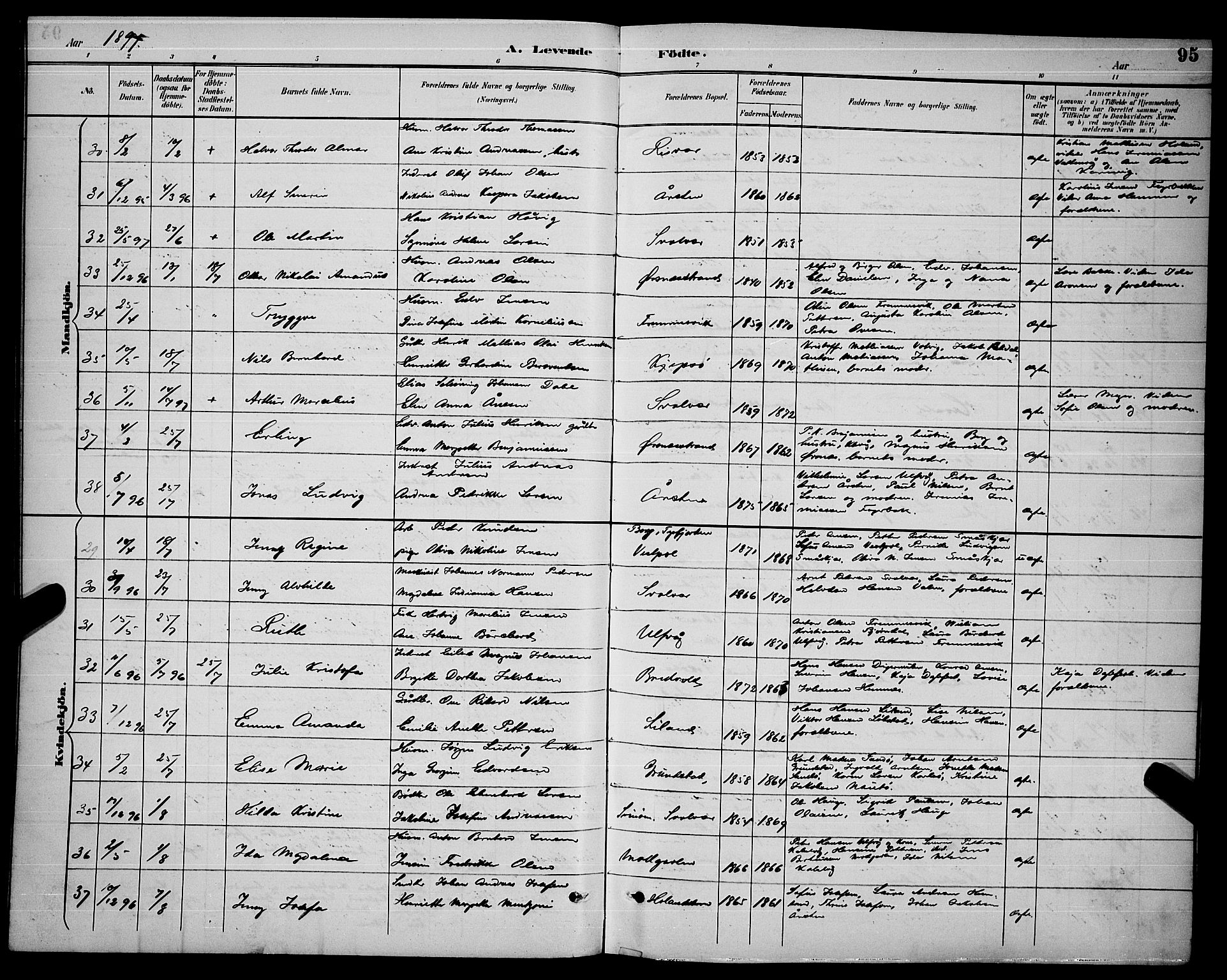 Ministerialprotokoller, klokkerbøker og fødselsregistre - Nordland, AV/SAT-A-1459/874/L1077: Parish register (copy) no. 874C06, 1891-1900, p. 95