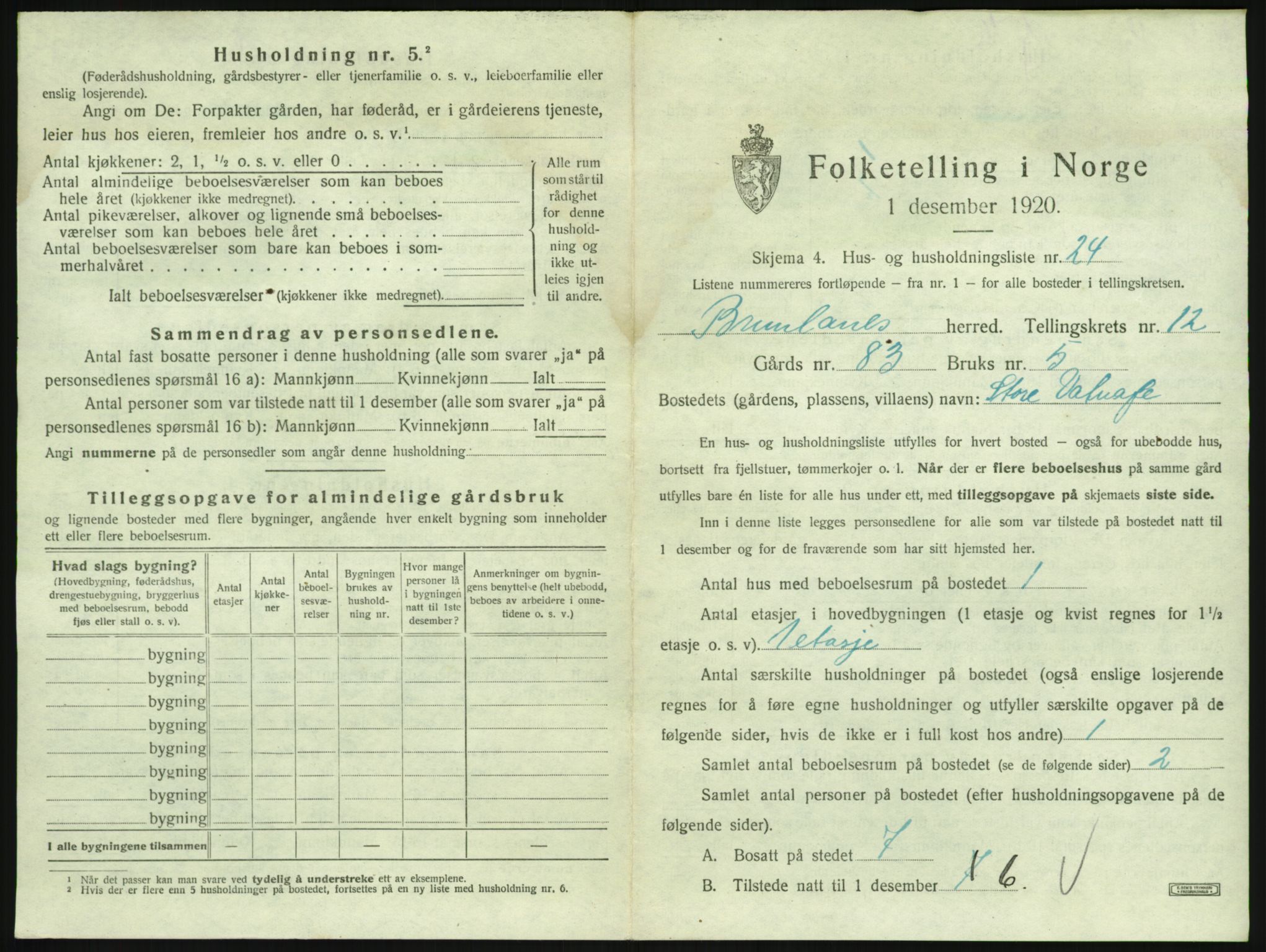 SAKO, 1920 census for Brunlanes, 1920, p. 1743