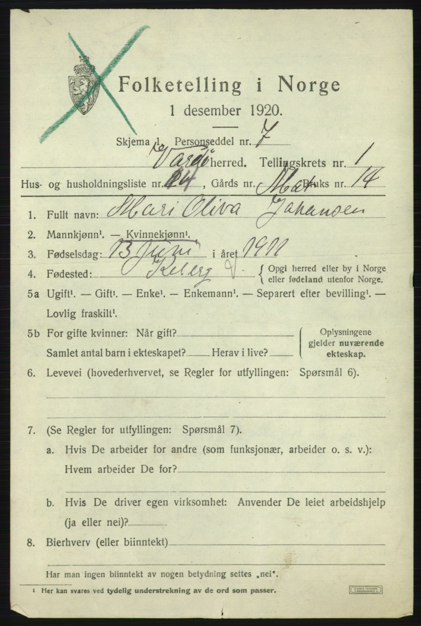 SATØ, 1920 census for Vardø rural district, 1920, p. 778