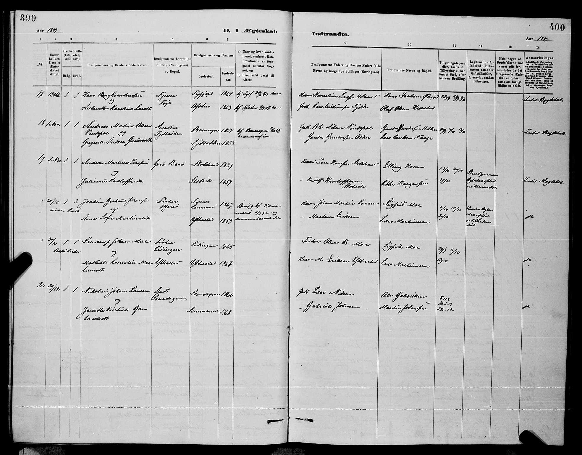 Ministerialprotokoller, klokkerbøker og fødselsregistre - Nordland, AV/SAT-A-1459/872/L1047: Parish register (copy) no. 872C03, 1880-1897, p. 399-400