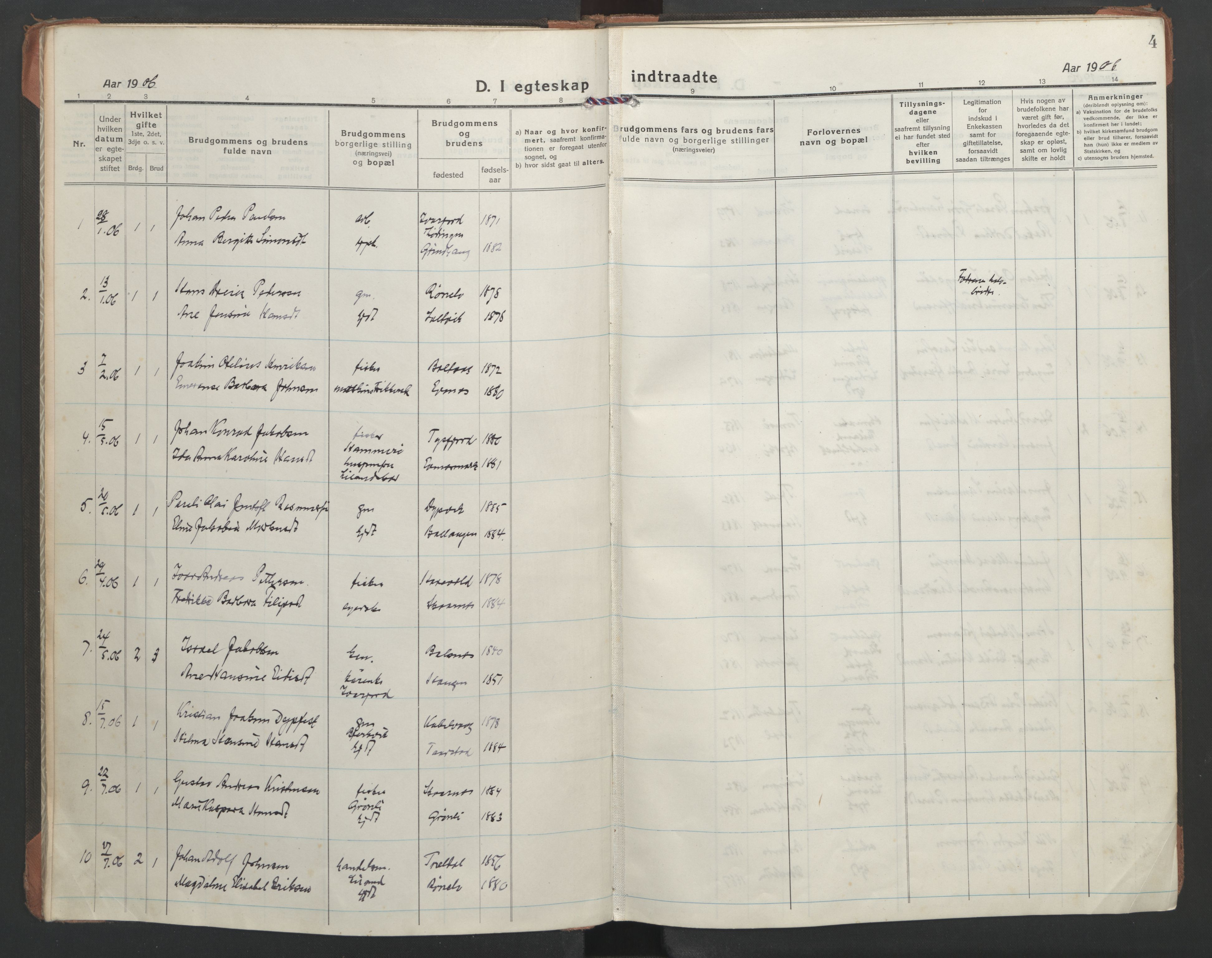 Ministerialprotokoller, klokkerbøker og fødselsregistre - Nordland, AV/SAT-A-1459/863/L0902: Parish register (official) no. 863A14, 1906-1937, p. 4