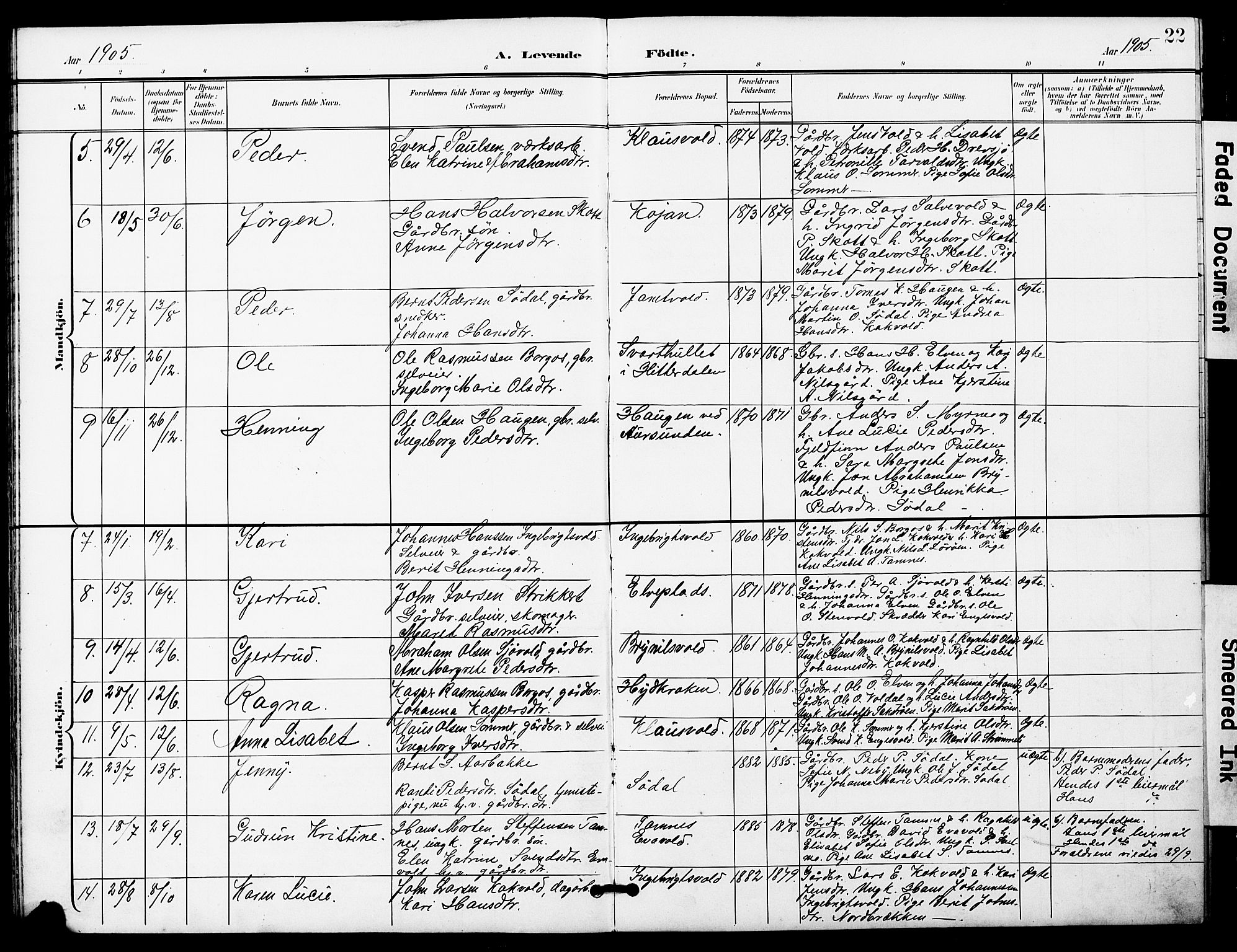 Ministerialprotokoller, klokkerbøker og fødselsregistre - Sør-Trøndelag, SAT/A-1456/683/L0950: Parish register (copy) no. 683C02, 1897-1918, p. 22