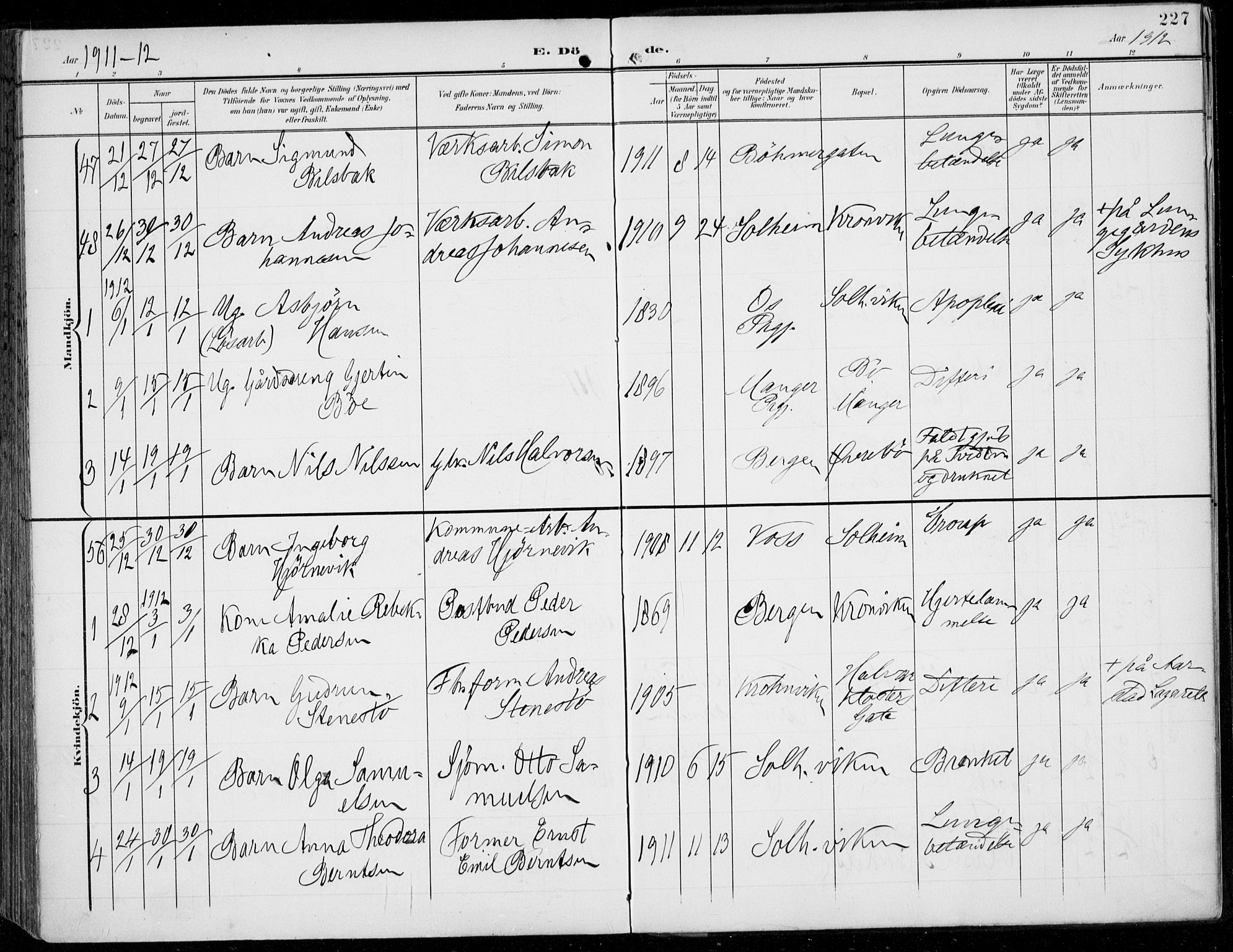 Årstad Sokneprestembete, SAB/A-79301/H/Haa/L0009: Parish register (official) no. C 1, 1902-1918, p. 227