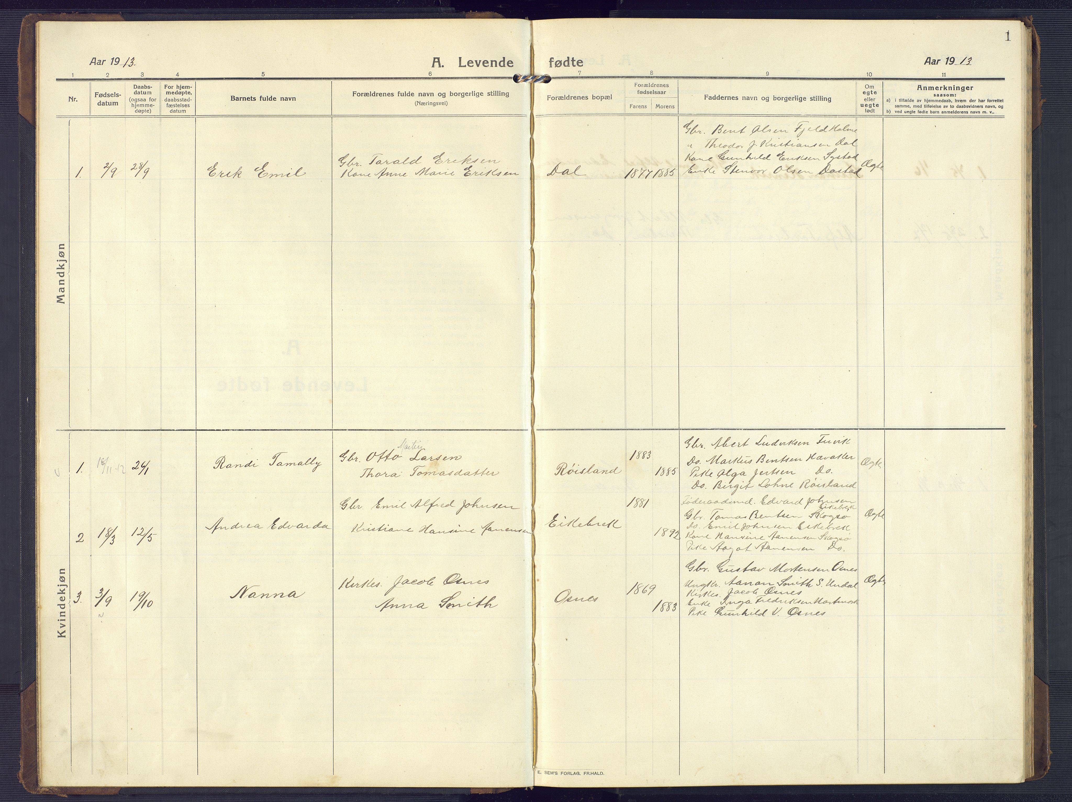 Mandal sokneprestkontor, SAK/1111-0030/F/Fb/Fbb/L0005: Parish register (copy) no. B 5, 1913-1957, p. 1