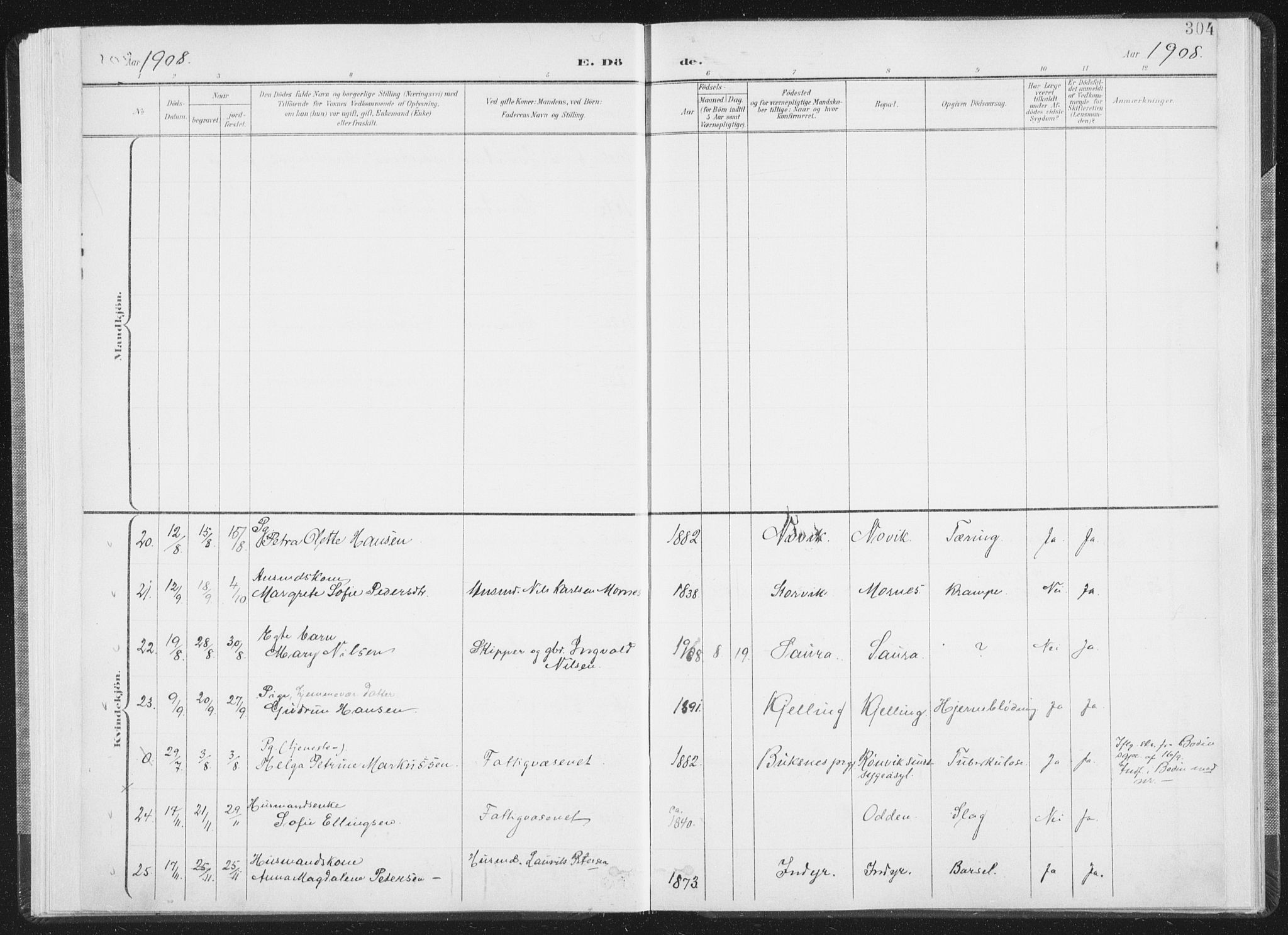 Ministerialprotokoller, klokkerbøker og fødselsregistre - Nordland, AV/SAT-A-1459/805/L0103: Parish register (official) no. 805A08II, 1900-1909, p. 304