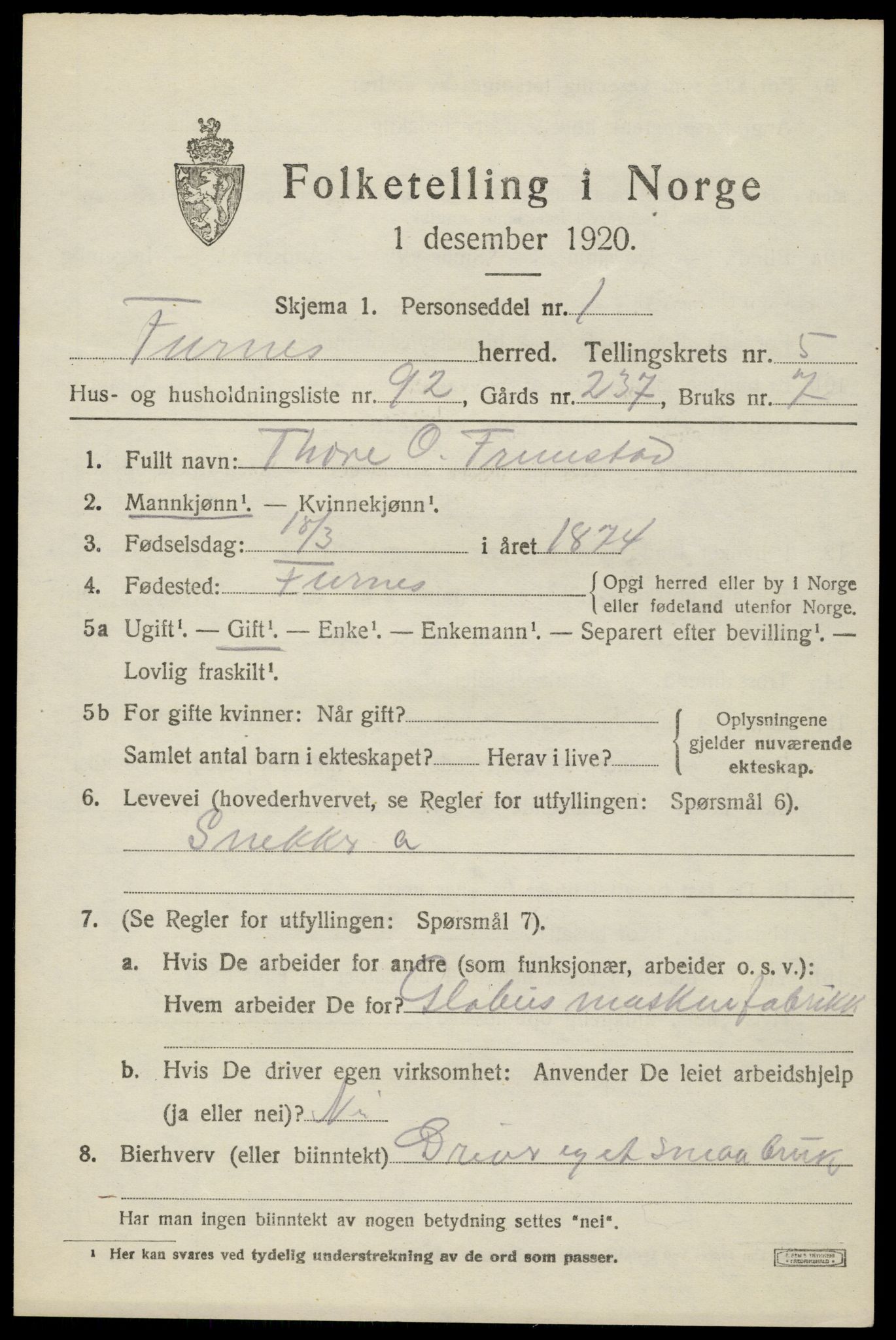 SAH, 1920 census for Furnes, 1920, p. 8165