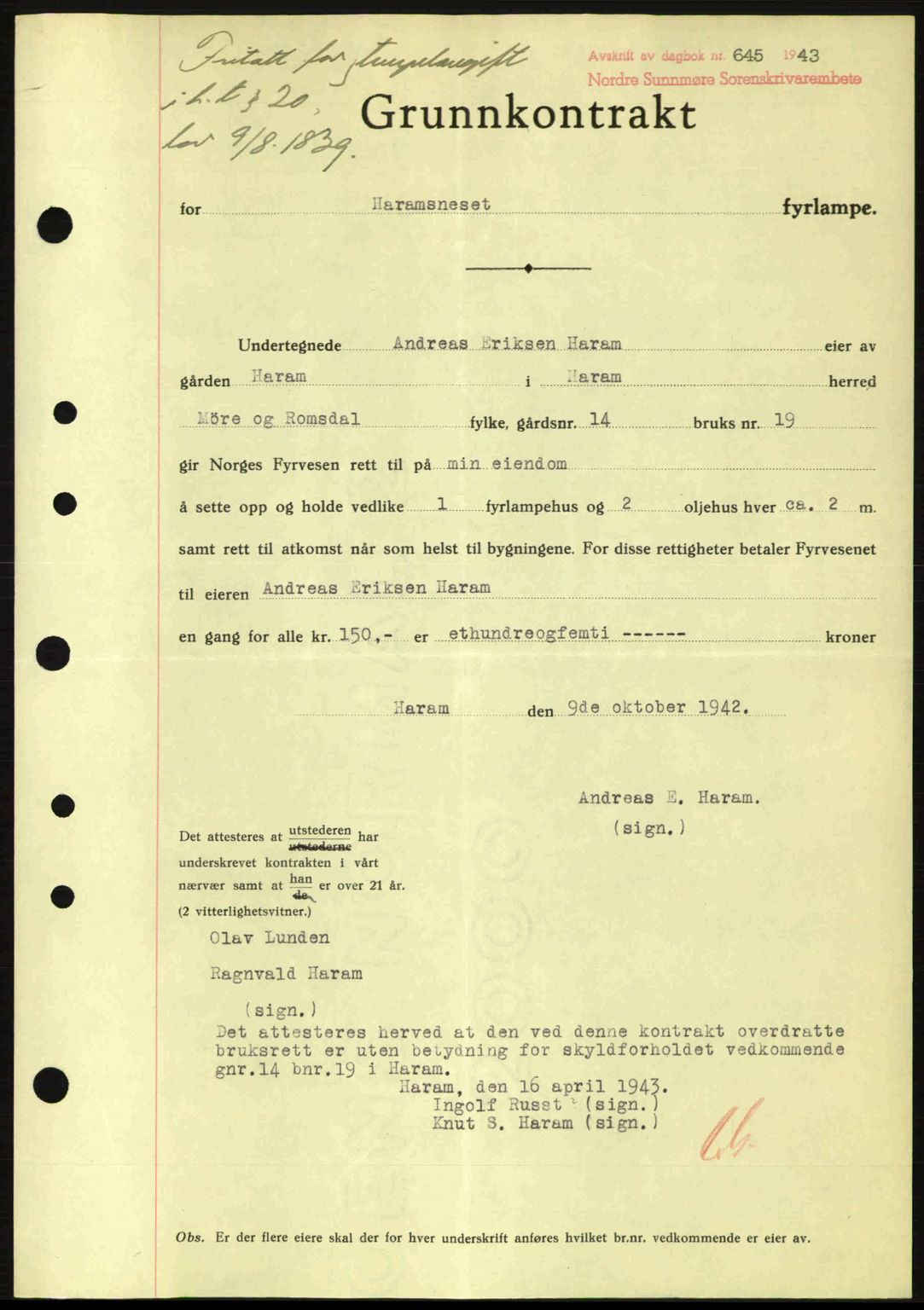 Nordre Sunnmøre sorenskriveri, AV/SAT-A-0006/1/2/2C/2Ca: Mortgage book no. A15, 1942-1943, Diary no: : 645/1943