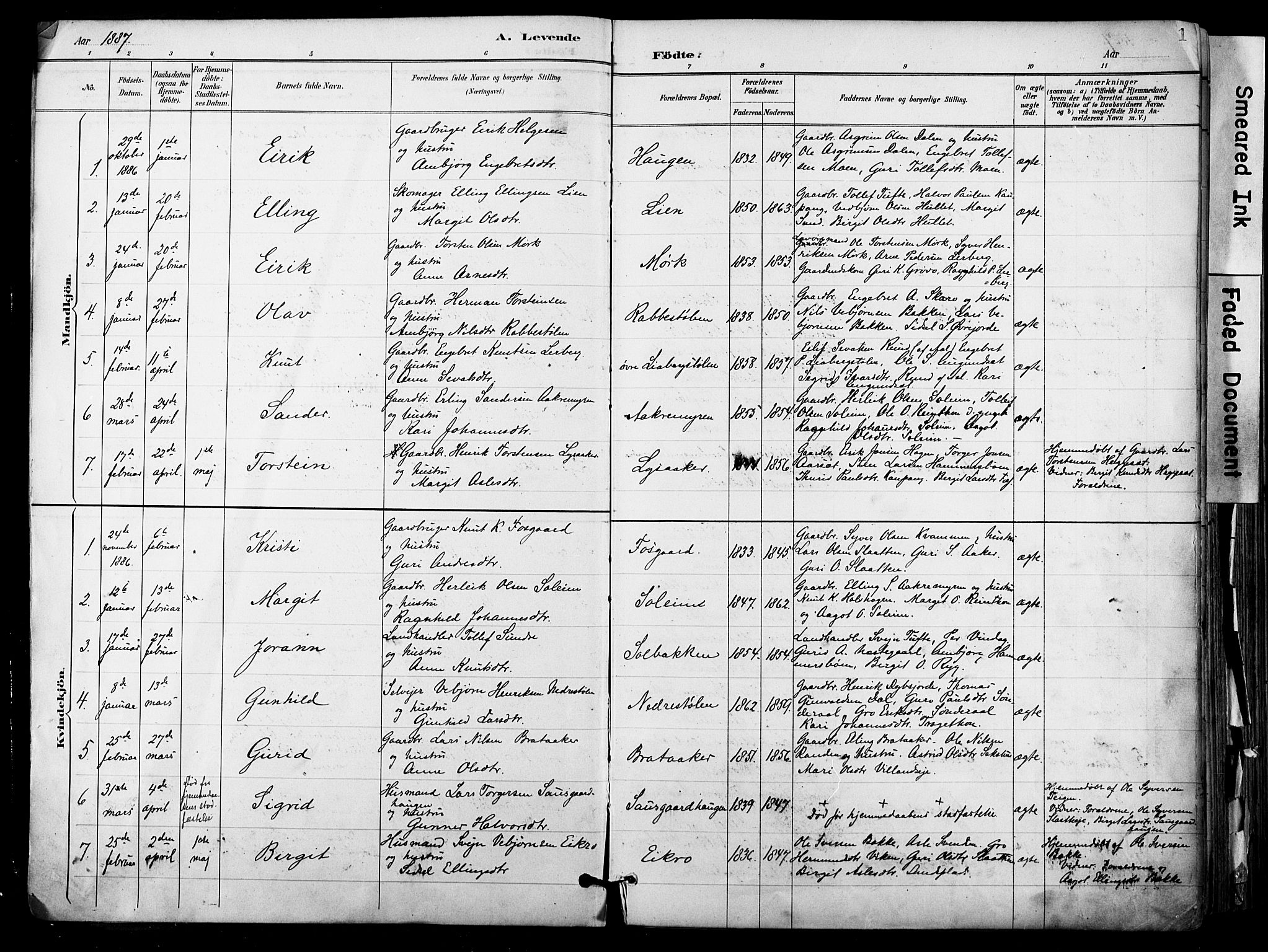 Hol kirkebøker, AV/SAKO-A-227/F/Fa/L0003: Parish register (official) no. I 3, 1887-1918, p. 1