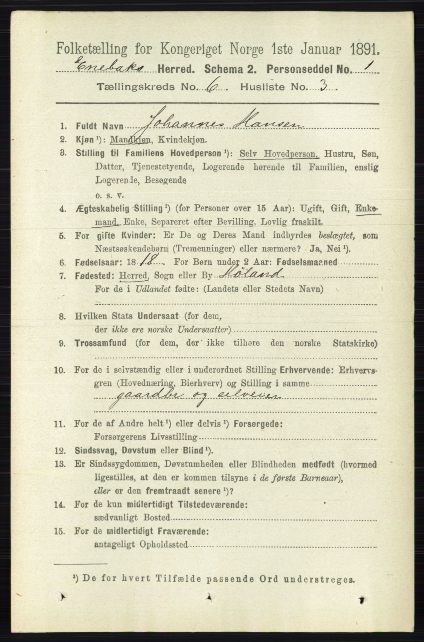 RA, 1891 census for 0229 Enebakk, 1891, p. 2911
