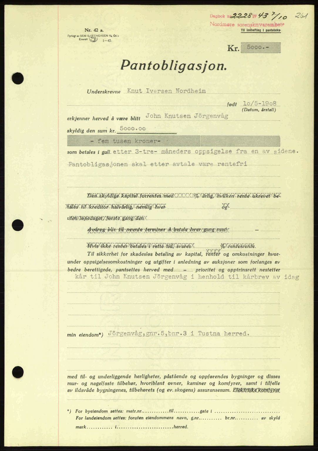 Nordmøre sorenskriveri, AV/SAT-A-4132/1/2/2Ca: Mortgage book no. B91, 1943-1944, Diary no: : 2228/1943