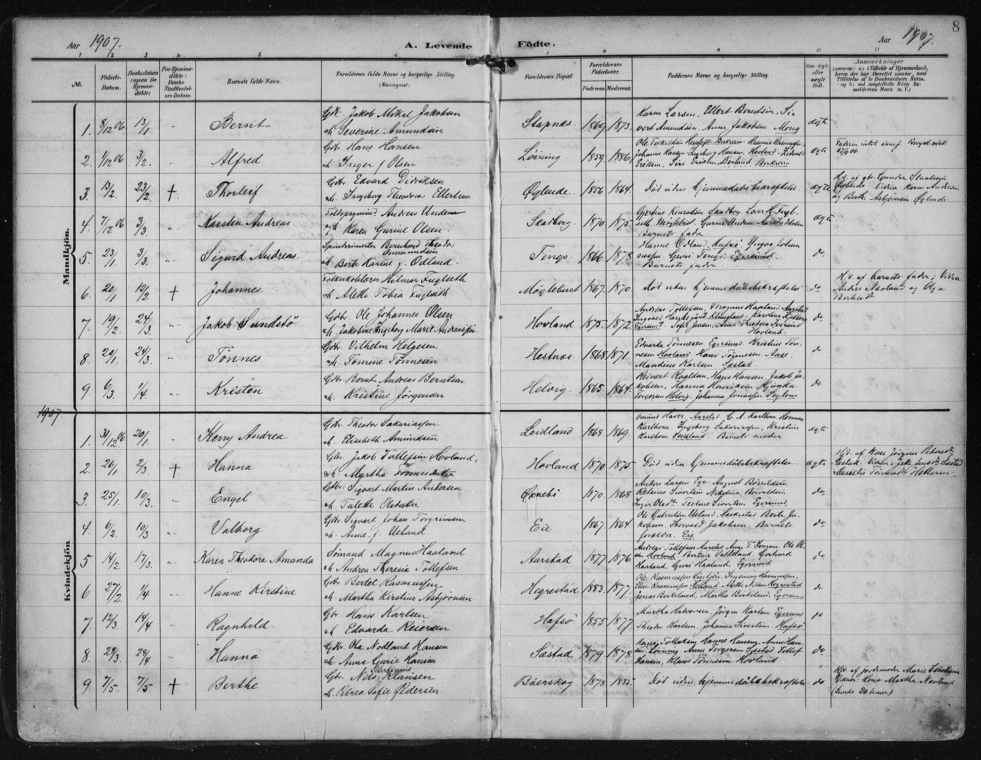 Eigersund sokneprestkontor, AV/SAST-A-101807/001/30/30BA/L0021: Parish register (official) no. A 20, 1906-1928, p. 8