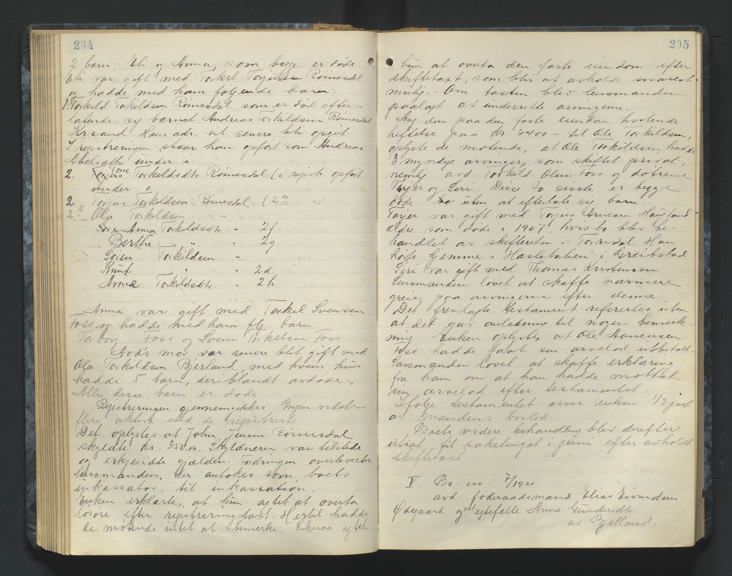 Mandal sorenskriveri, AV/SAK-1221-0005/001/H/Hc/L0084: Skifteforhandlingsprotokoll nr 16, 1921-1924, p. 204-205