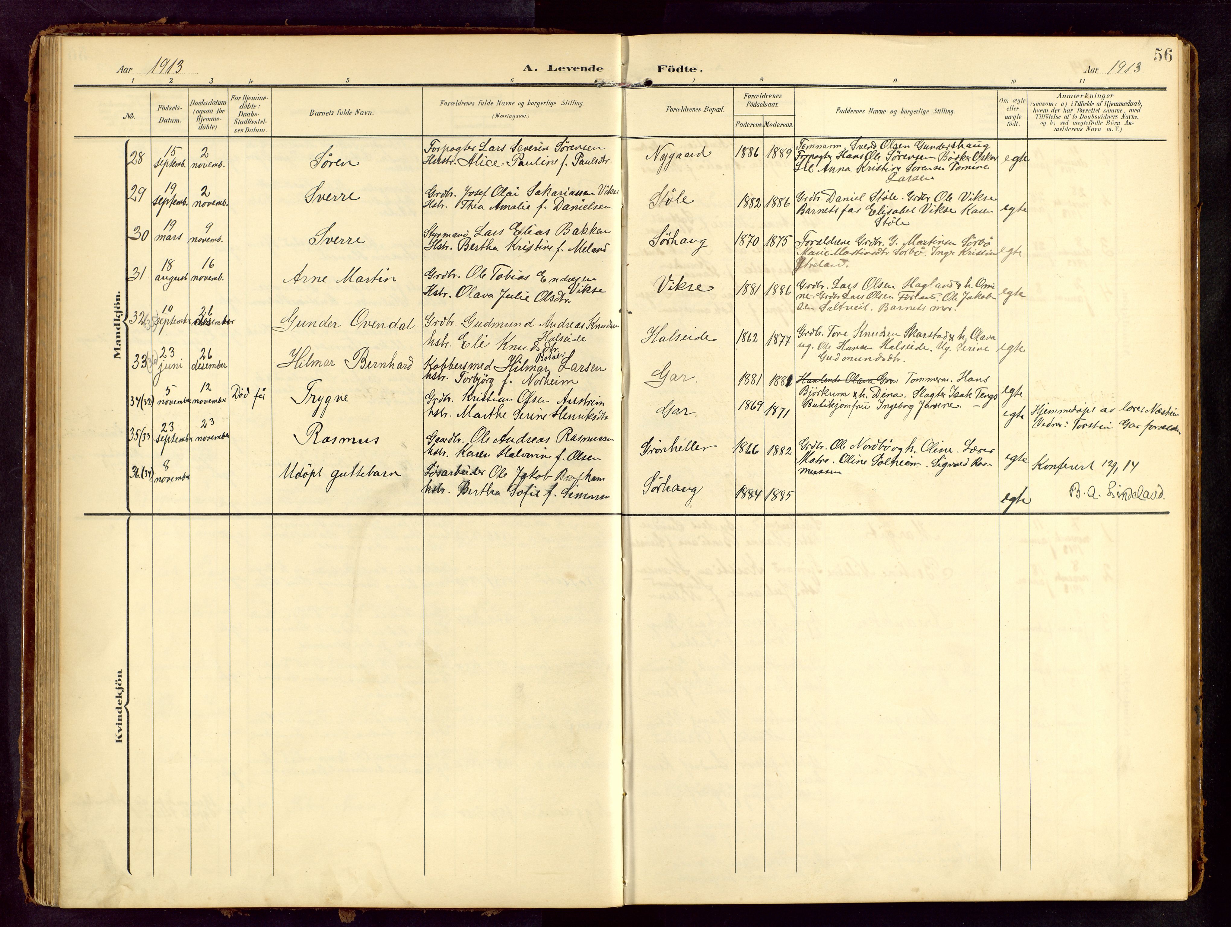 Haugesund sokneprestkontor, AV/SAST-A -101863/H/Ha/Hab/L0006: Parish register (copy) no. B 6, 1906-1944, p. 56