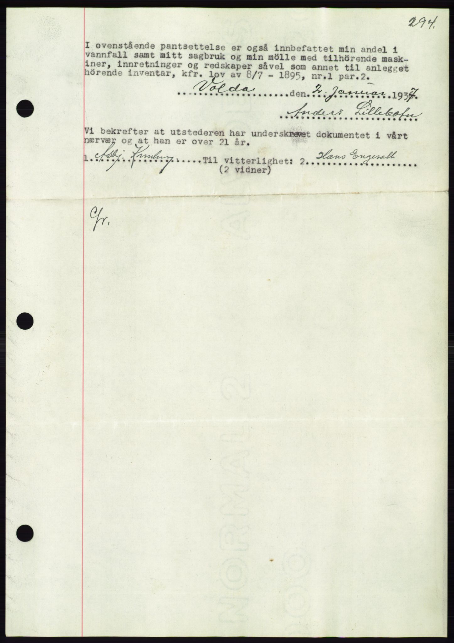 Søre Sunnmøre sorenskriveri, SAT/A-4122/1/2/2C/L0062: Mortgage book no. 56, 1936-1937, Diary no: : 165/1937