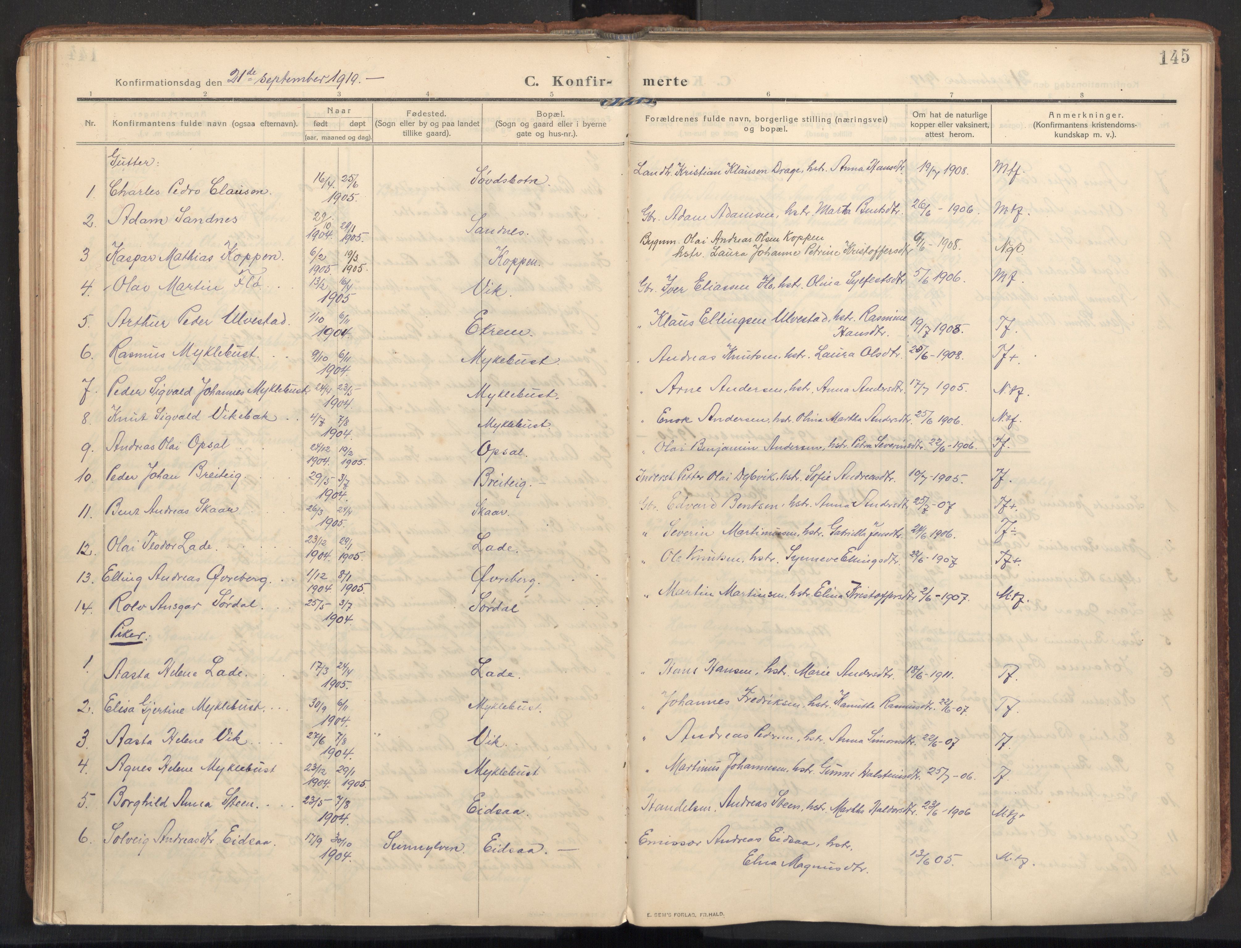 Ministerialprotokoller, klokkerbøker og fødselsregistre - Møre og Romsdal, SAT/A-1454/502/L0026: Parish register (official) no. 502A04, 1909-1933, p. 145