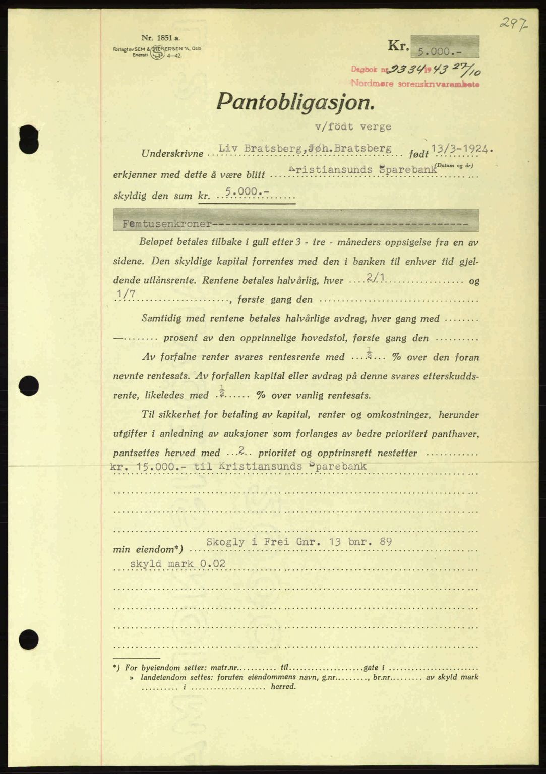 Nordmøre sorenskriveri, AV/SAT-A-4132/1/2/2Ca: Mortgage book no. B91, 1943-1944, Diary no: : 2334/1943