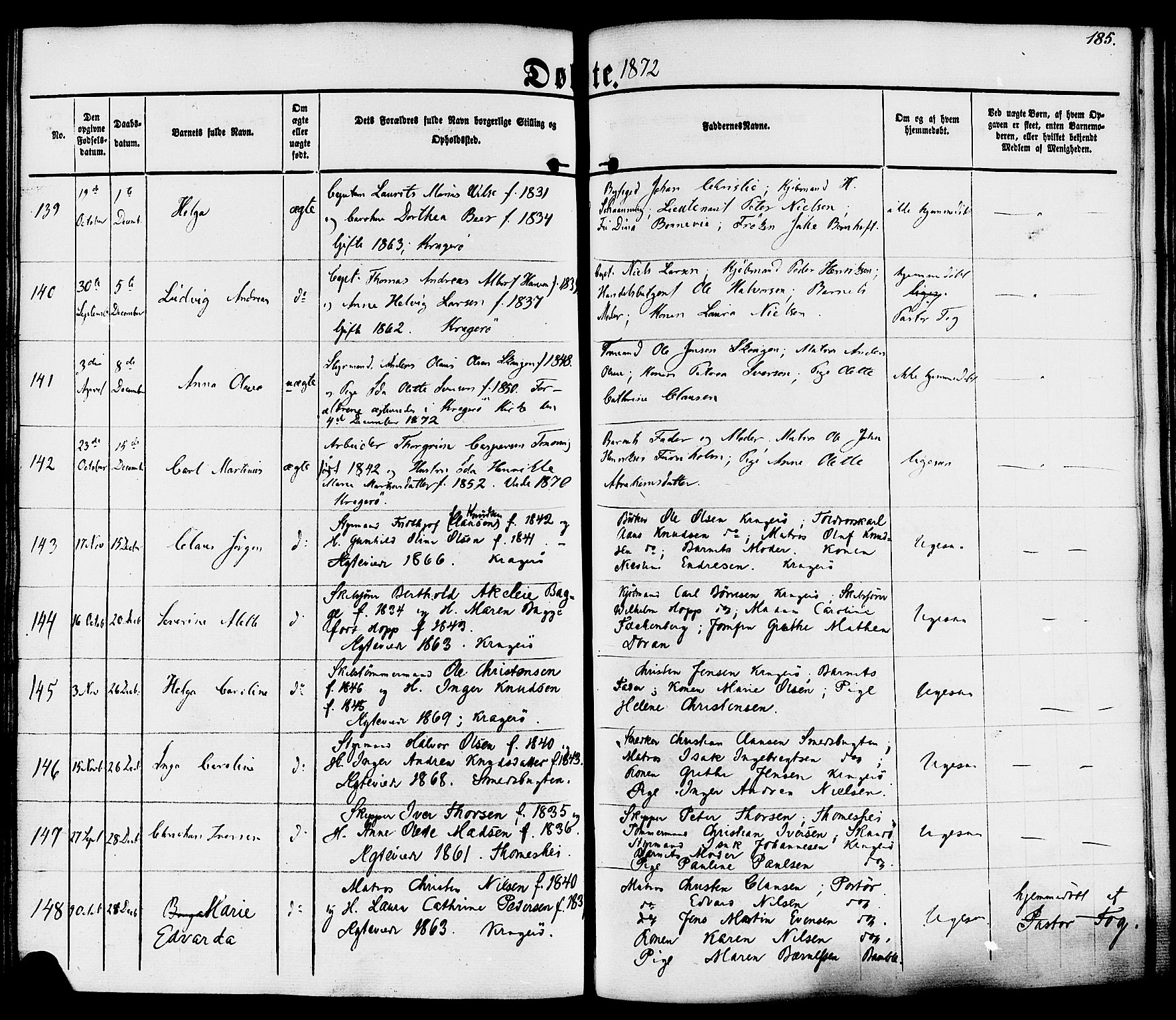 Kragerø kirkebøker, SAKO/A-278/F/Fa/L0007: Parish register (official) no. 7, 1861-1875, p. 185