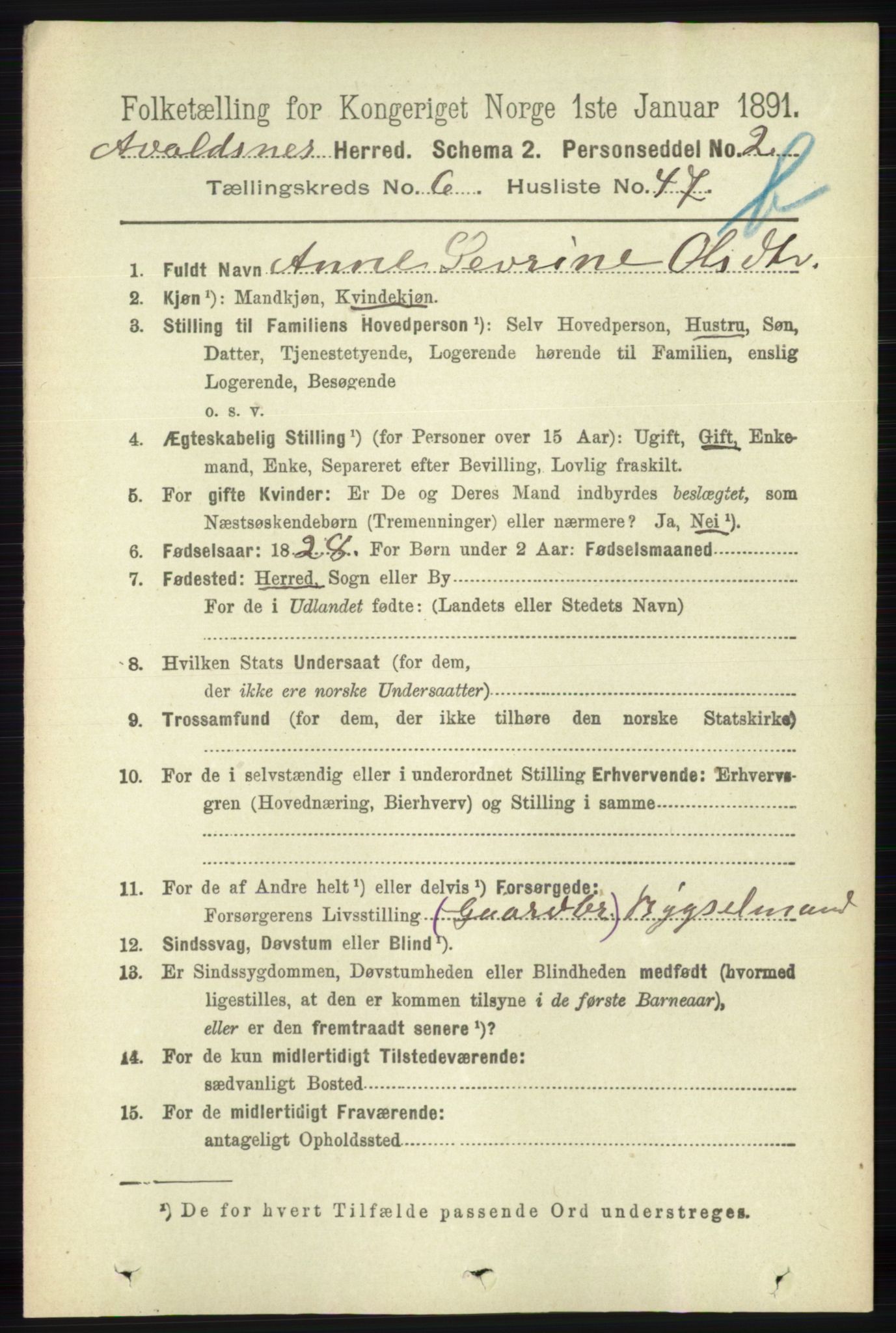 RA, 1891 census for 1147 Avaldsnes, 1891, p. 3498