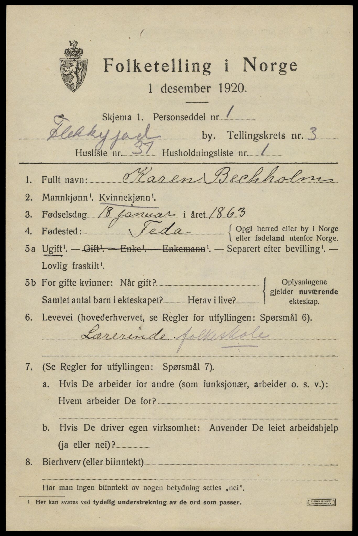 SAK, 1920 census for Flekkefjord, 1920, p. 3848