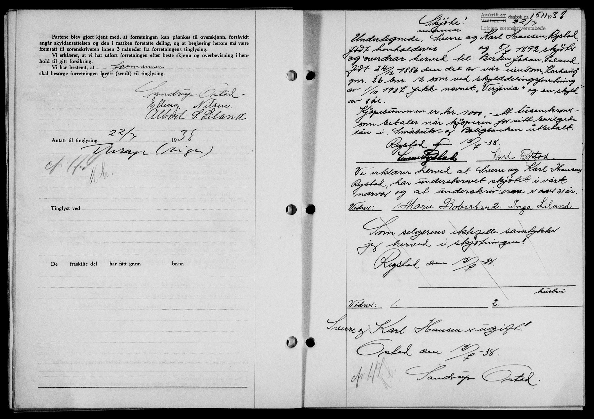 Lofoten sorenskriveri, SAT/A-0017/1/2/2C/L0004a: Mortgage book no. 4a, 1938-1938, Diary no: : 1511/1938