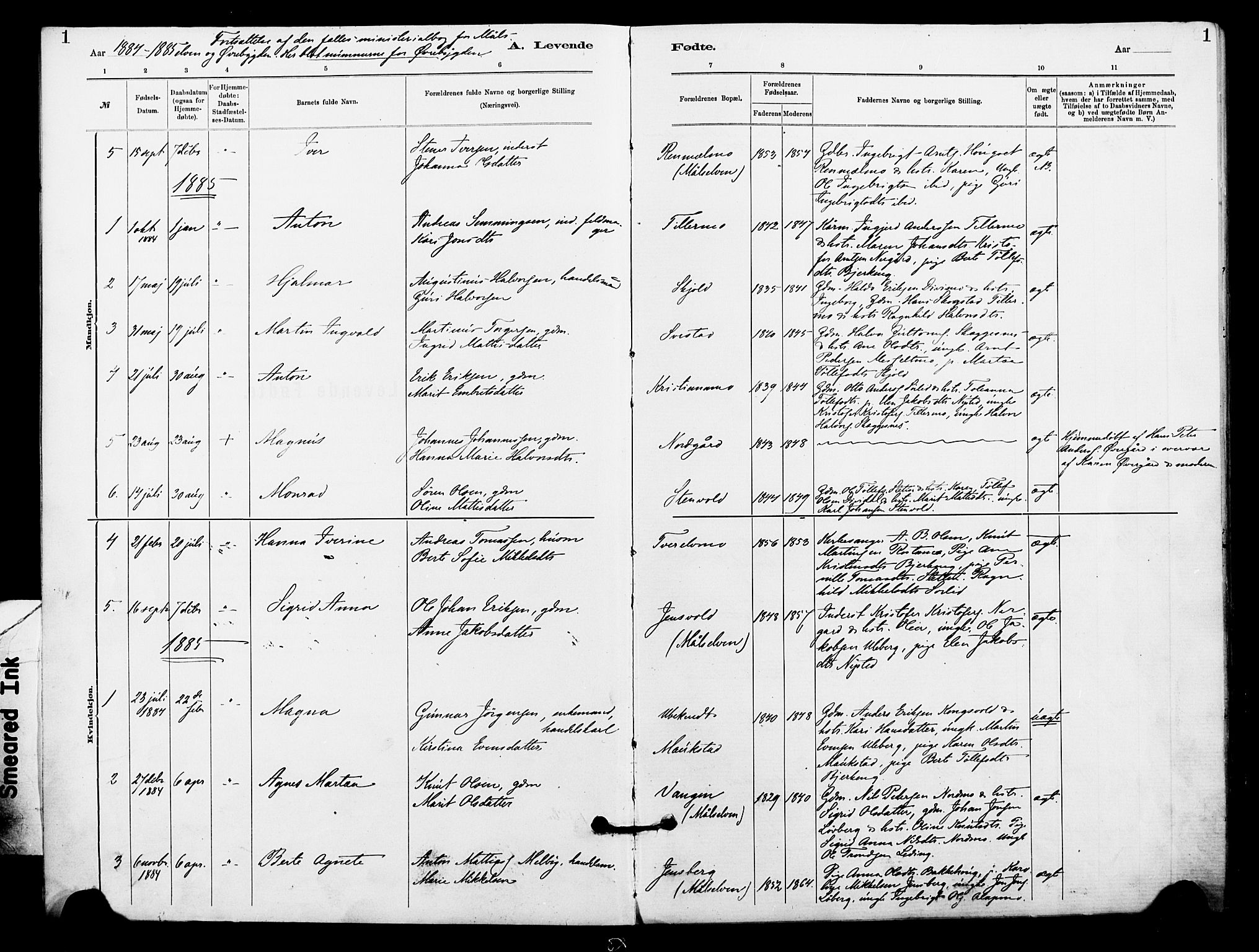 Målselv sokneprestembete, AV/SATØ-S-1311/G/Ga/Gaa/L0006kirke: Parish register (official) no. 6, 1884-1902, p. 1
