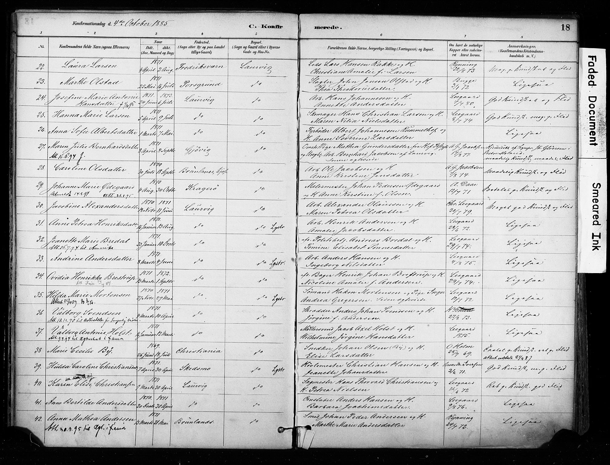 Larvik kirkebøker, AV/SAKO-A-352/F/Fa/L0008: Parish register (official) no. I 8, 1884-1902, p. 18