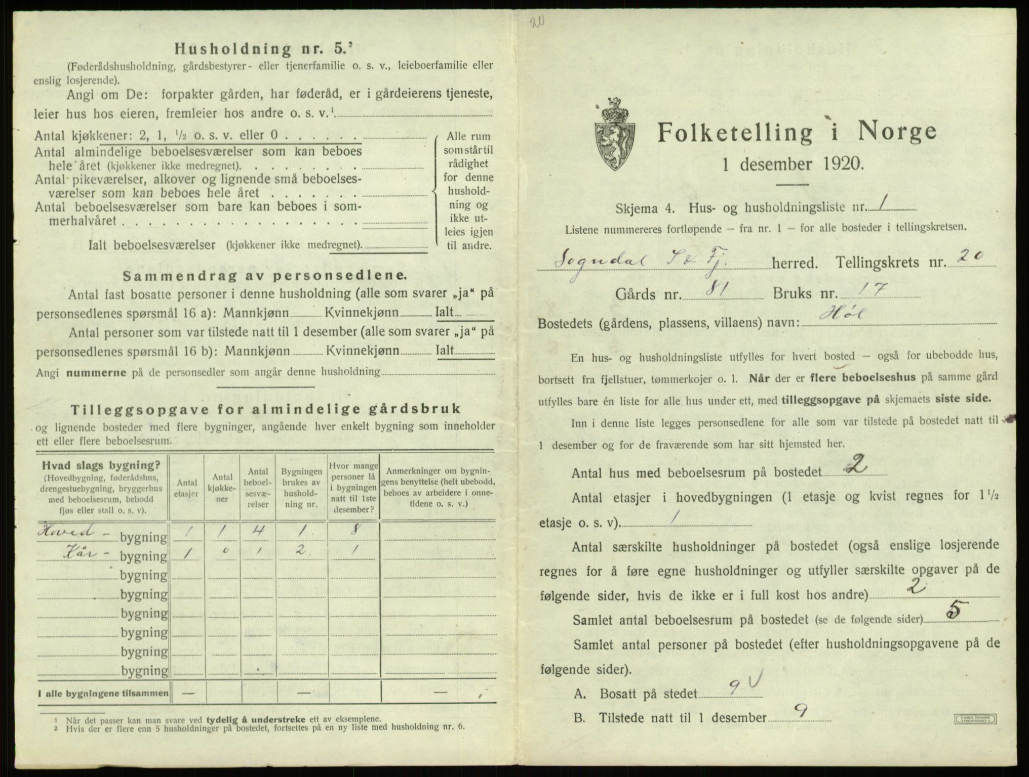 SAB, 1920 census for Sogndal, 1920, p. 1104