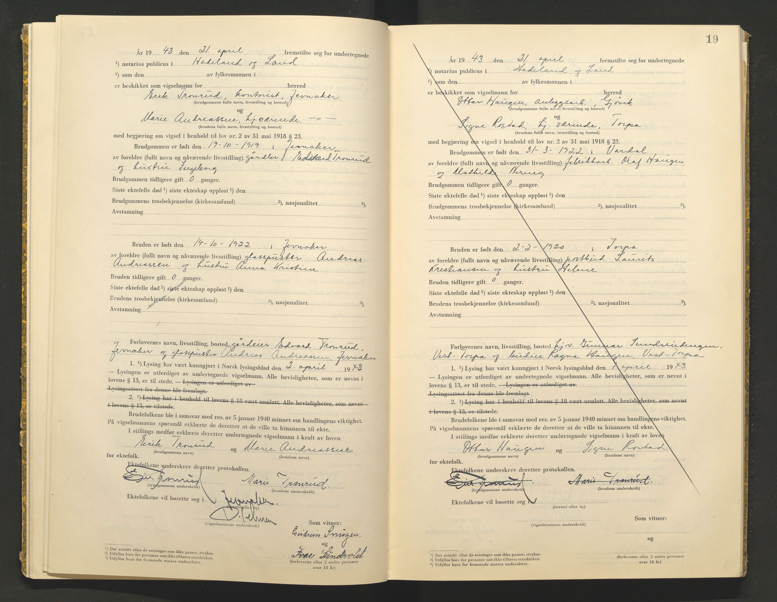 Hadeland og Land tingrett, AV/SAH-TING-010/L/Lb/L0002: Vigselbok, 1943-1944, p. 19